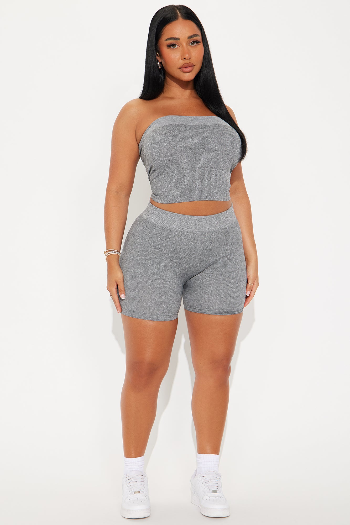Off Duty Seamless Tube Top Biker Short Set - Grey