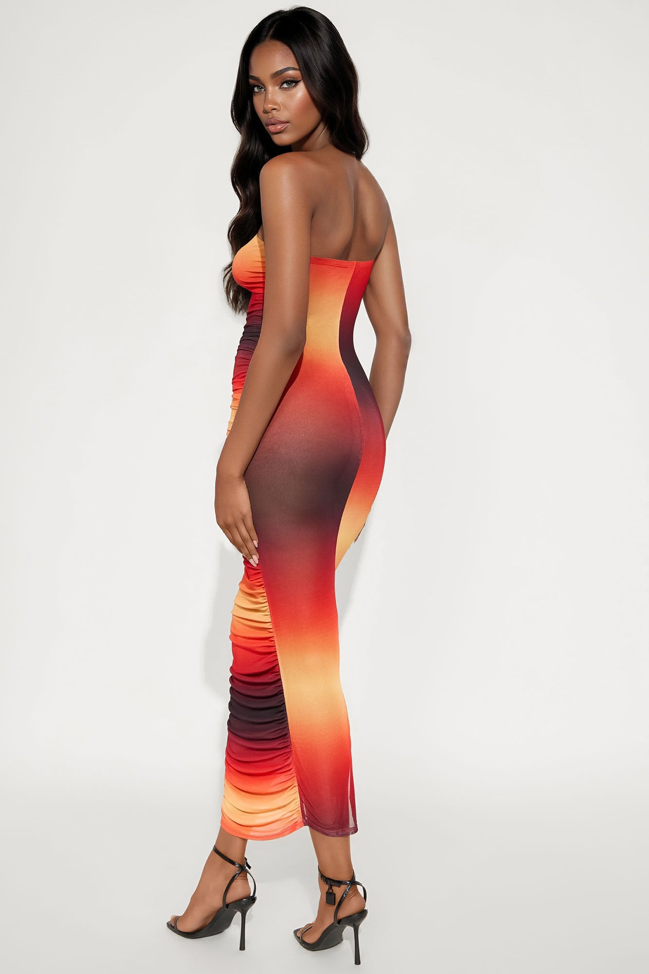 Sunset View Mesh Ruched Maxi Dress - Red/combo
