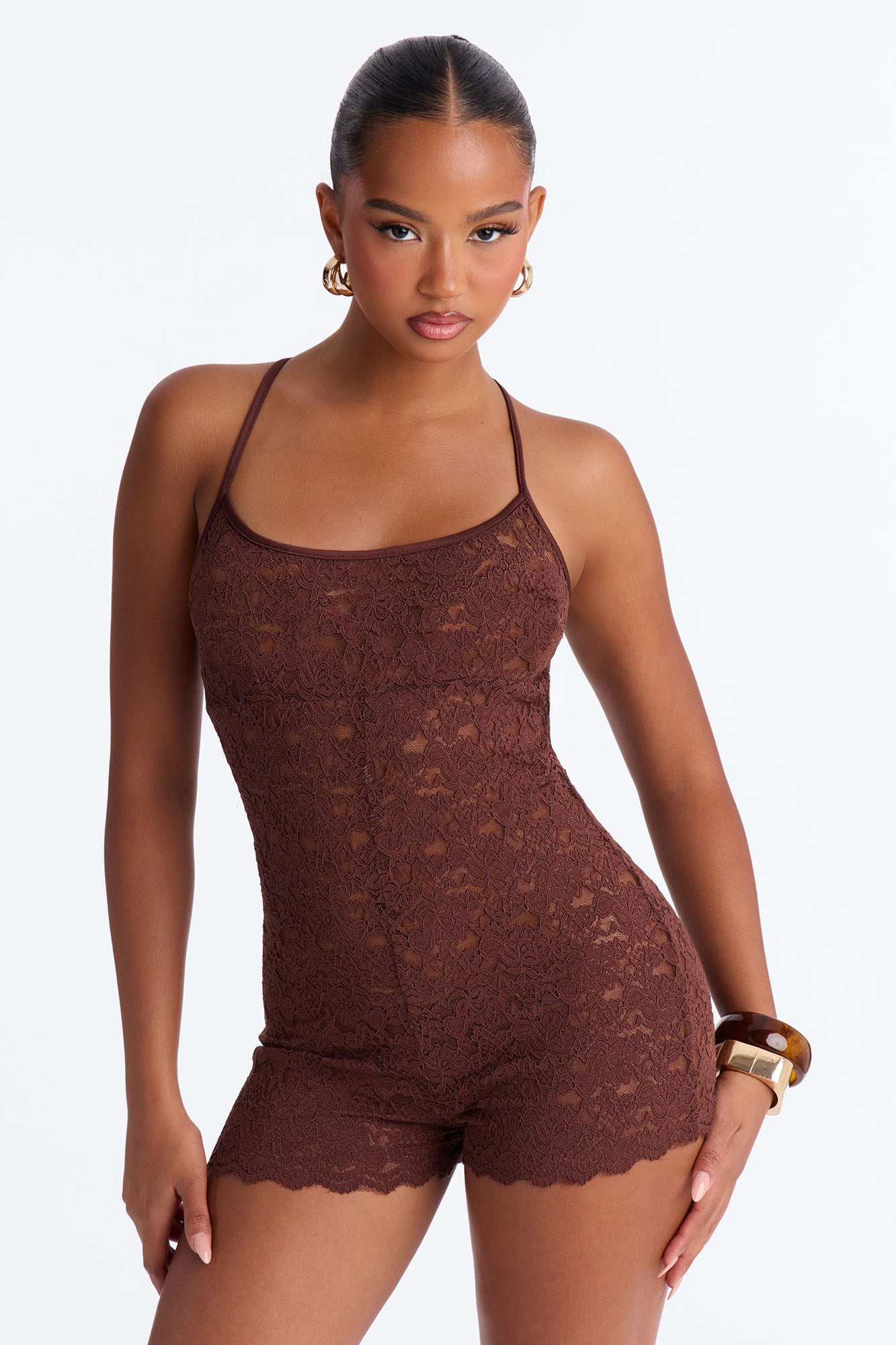 Line Crosser Lace Romper - Chocolate