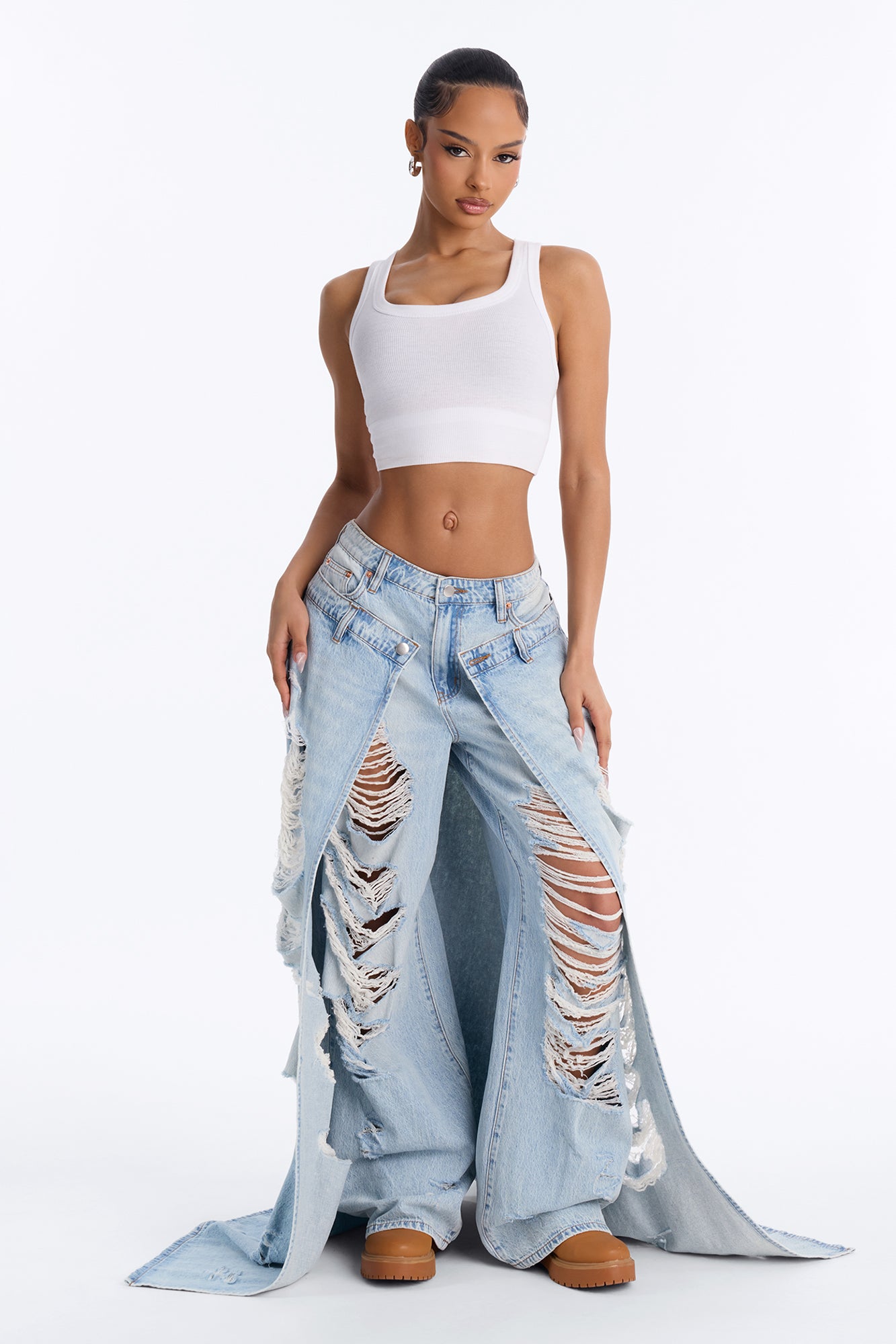 Double Entendre Overlay Ripped Jeans - Light Wash