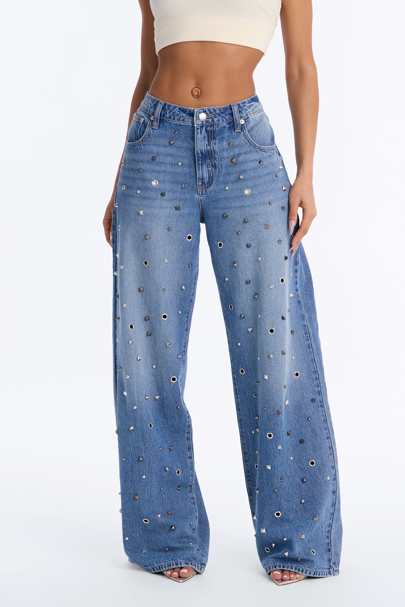 Heavy Hitter Studded Embellished Wide Leg Jeans - Medium Wash