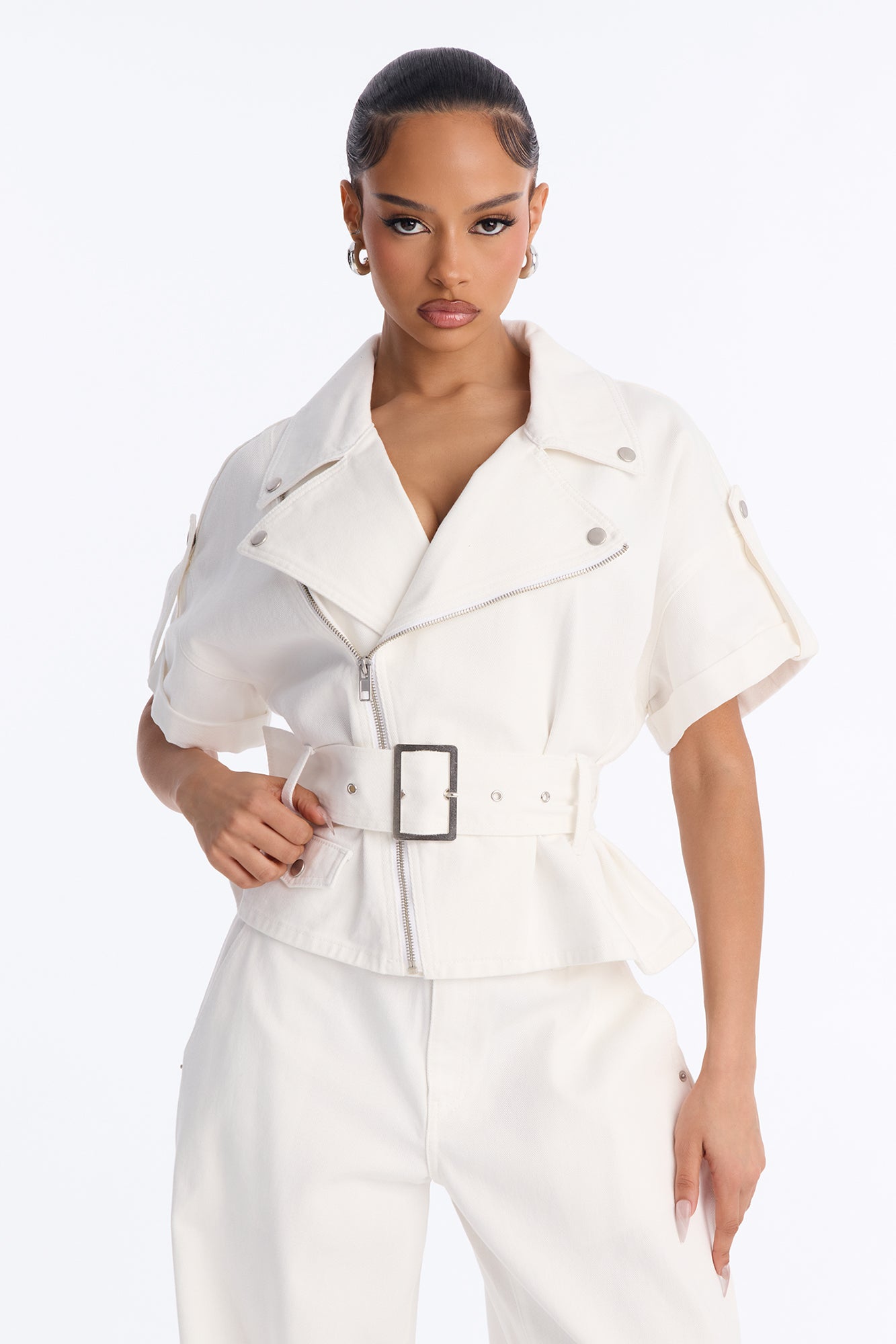 Tatiana Twill Moto Jacket - Ivory