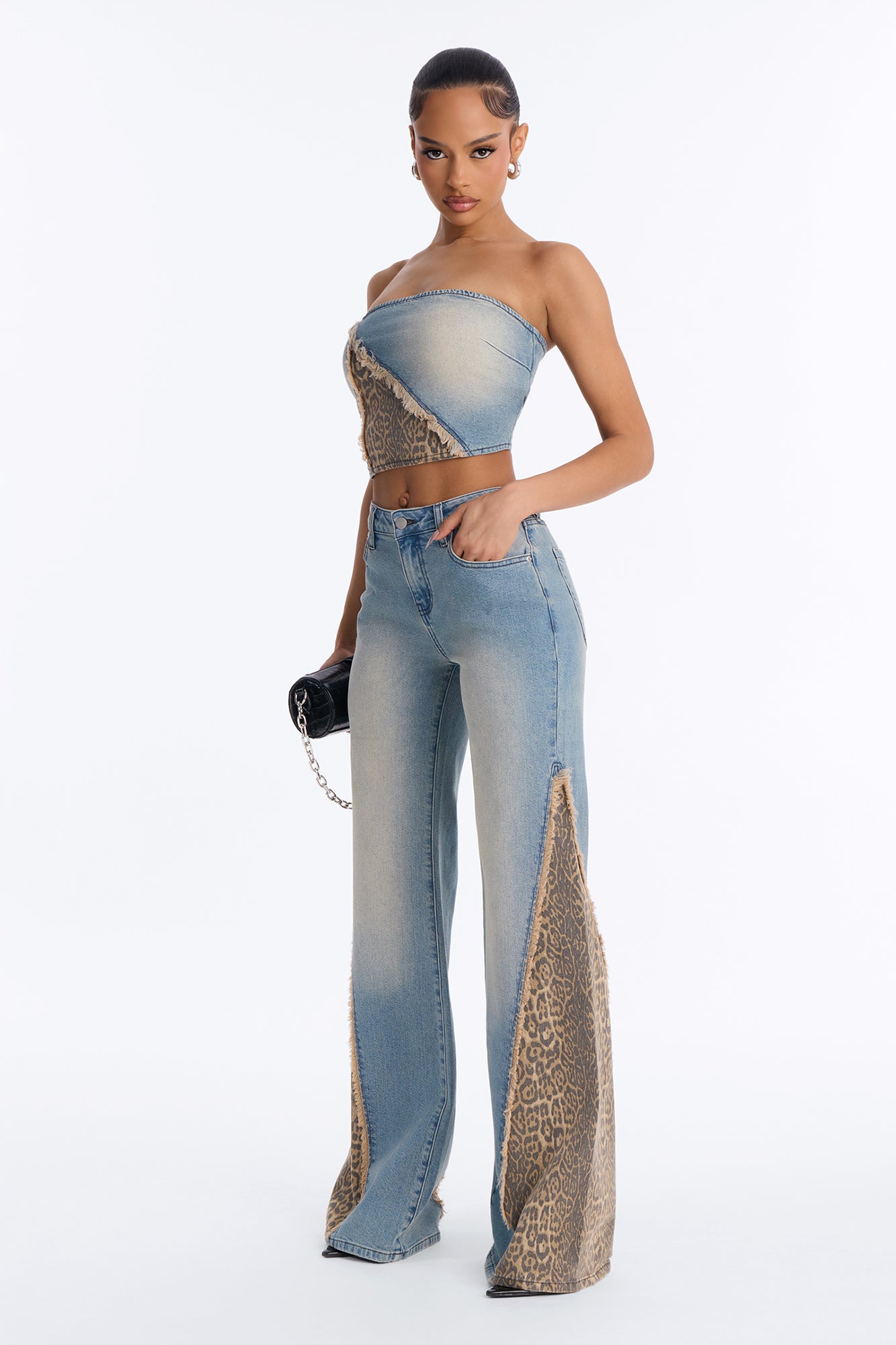 Sara Flare Denim Pant Set - Medium Wash