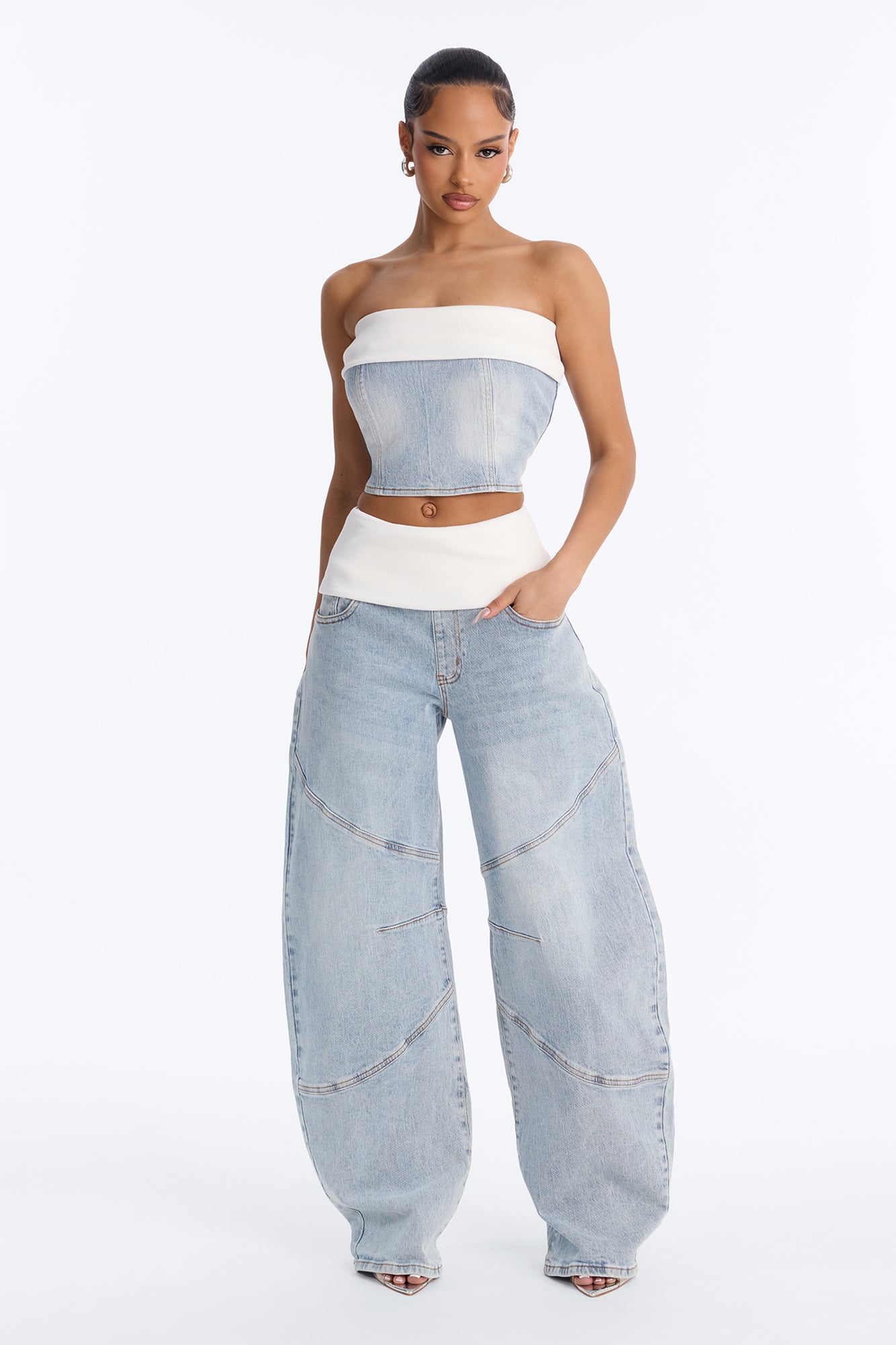 Alexa Foldover Denim Pant Set - Light Wash