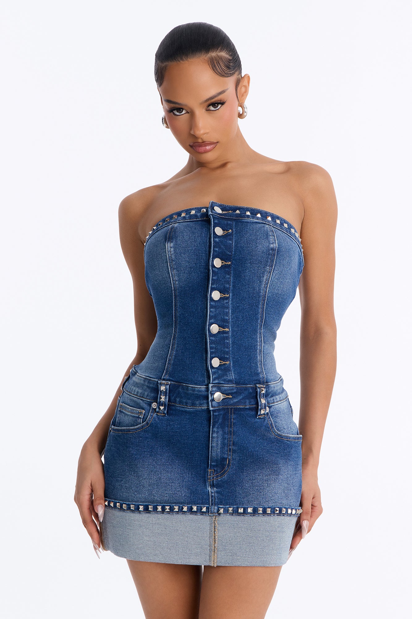 Bri Studded Denim Mini Dress - MediumWash