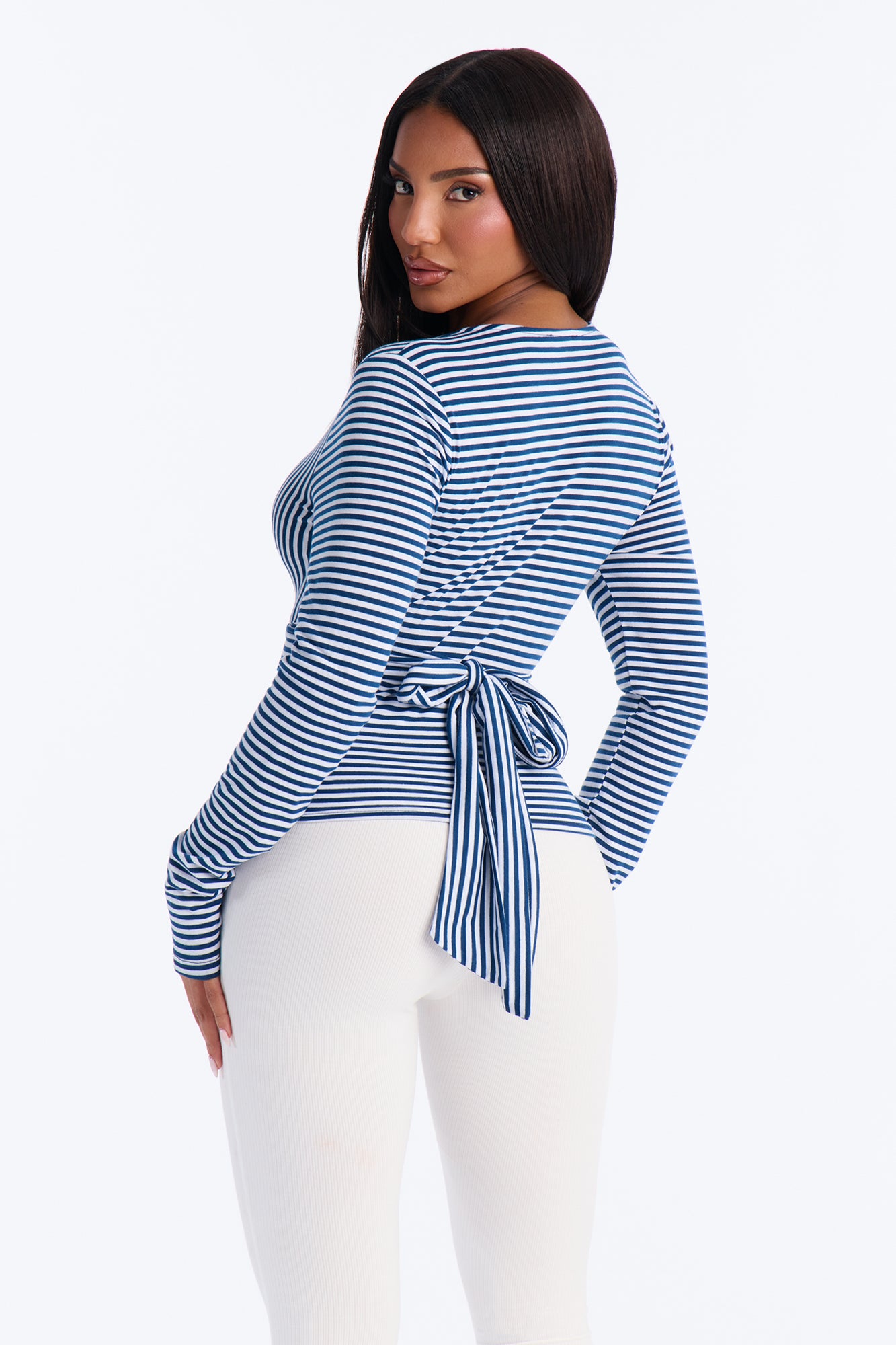 Sydney Striped Tie Back Long Sleeve Top - Navy/combo