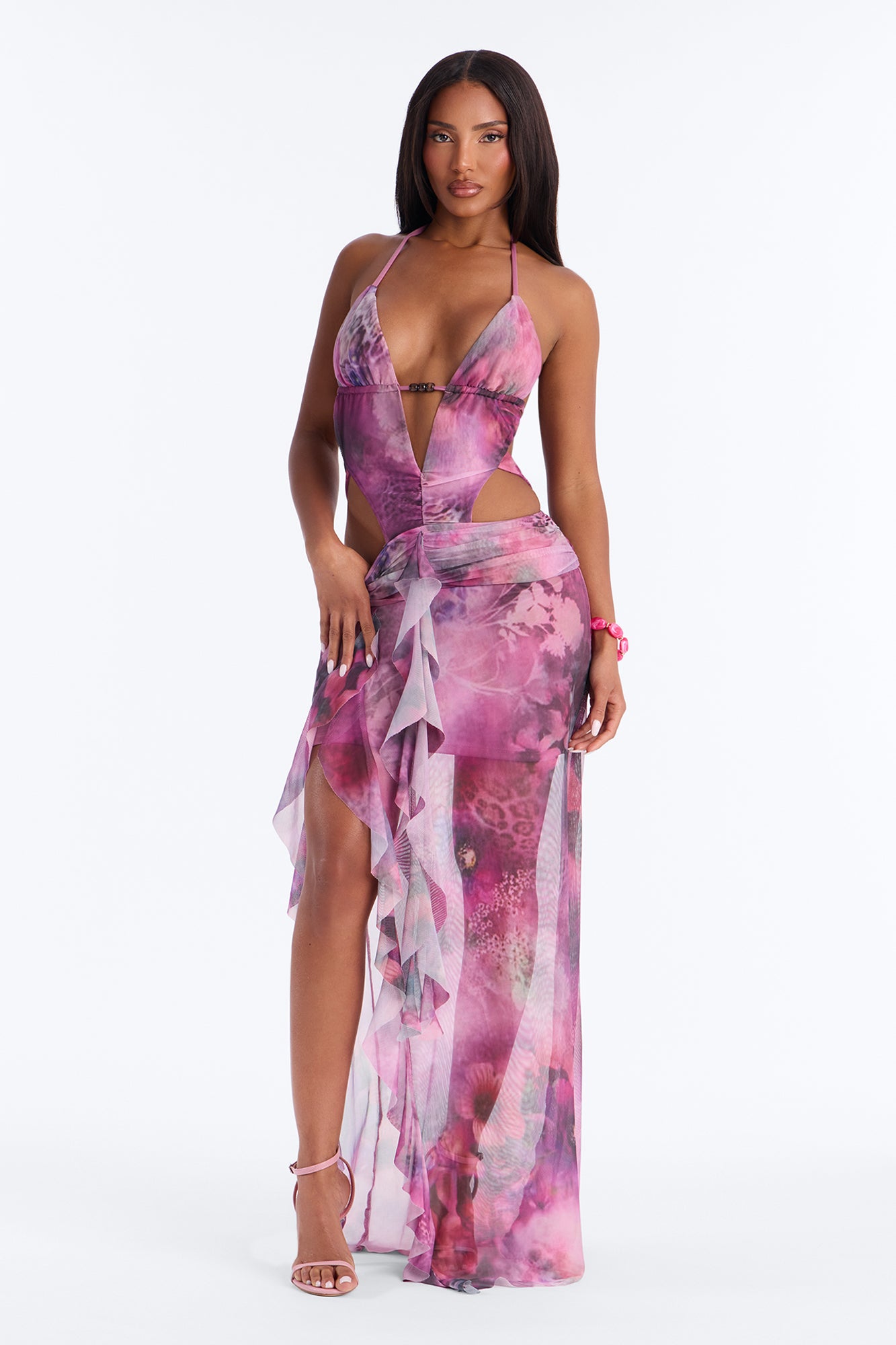 Midnight Behavior Cut Out Mesh Maxi Dress - Purple/combo