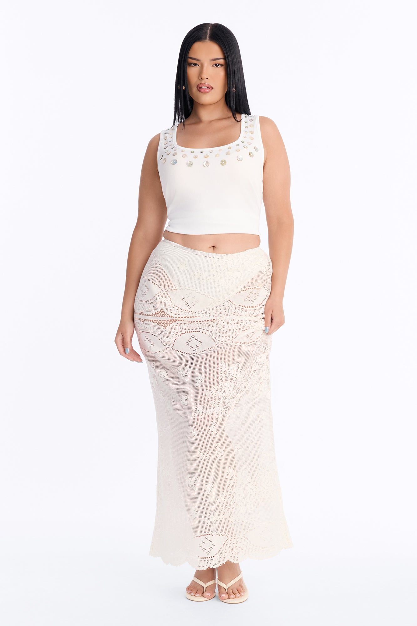 Seashell Island Embellished Ribbed Tank Top - White