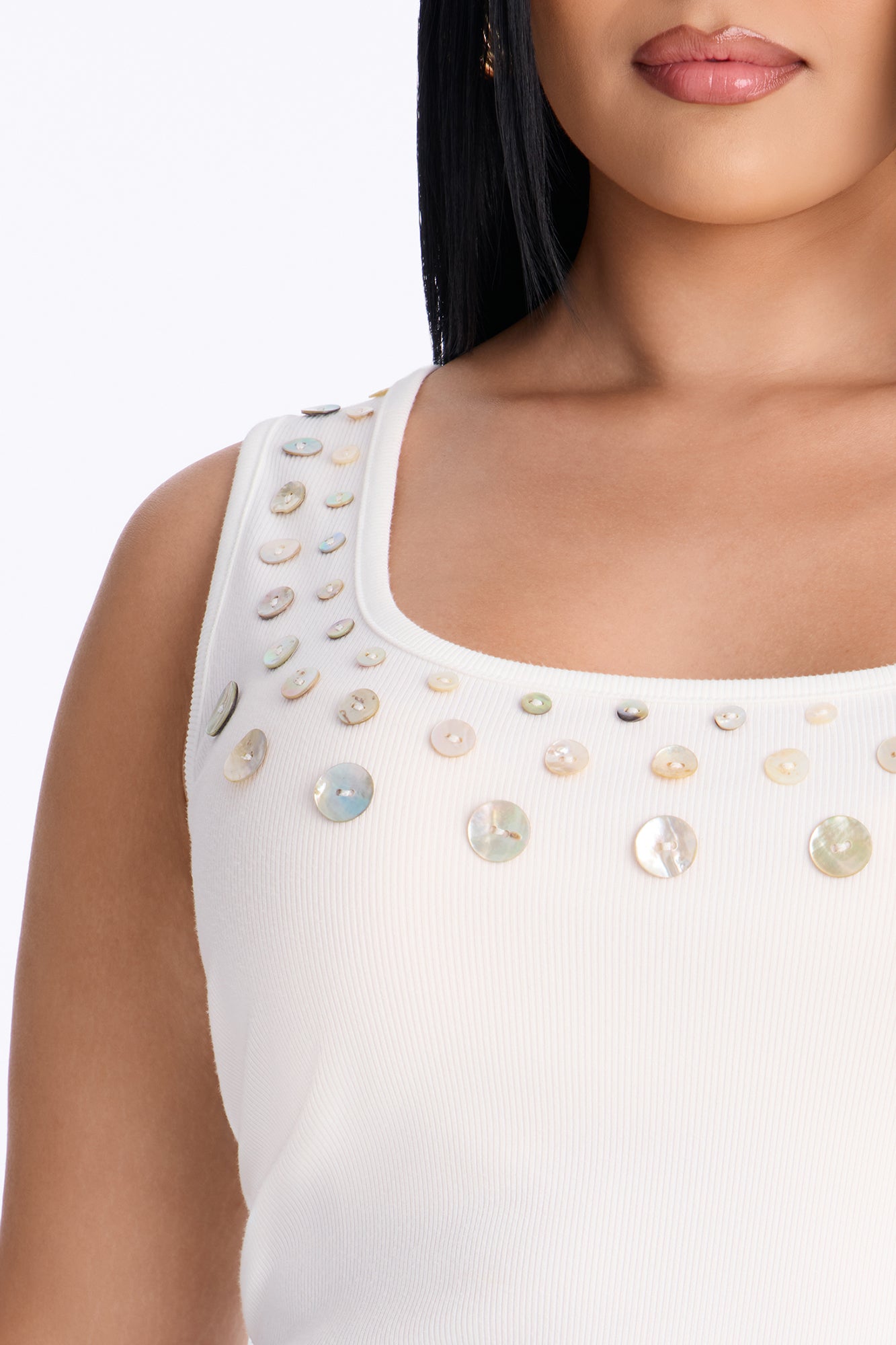 Seashell Island Embellished Ribbed Tank Top - White