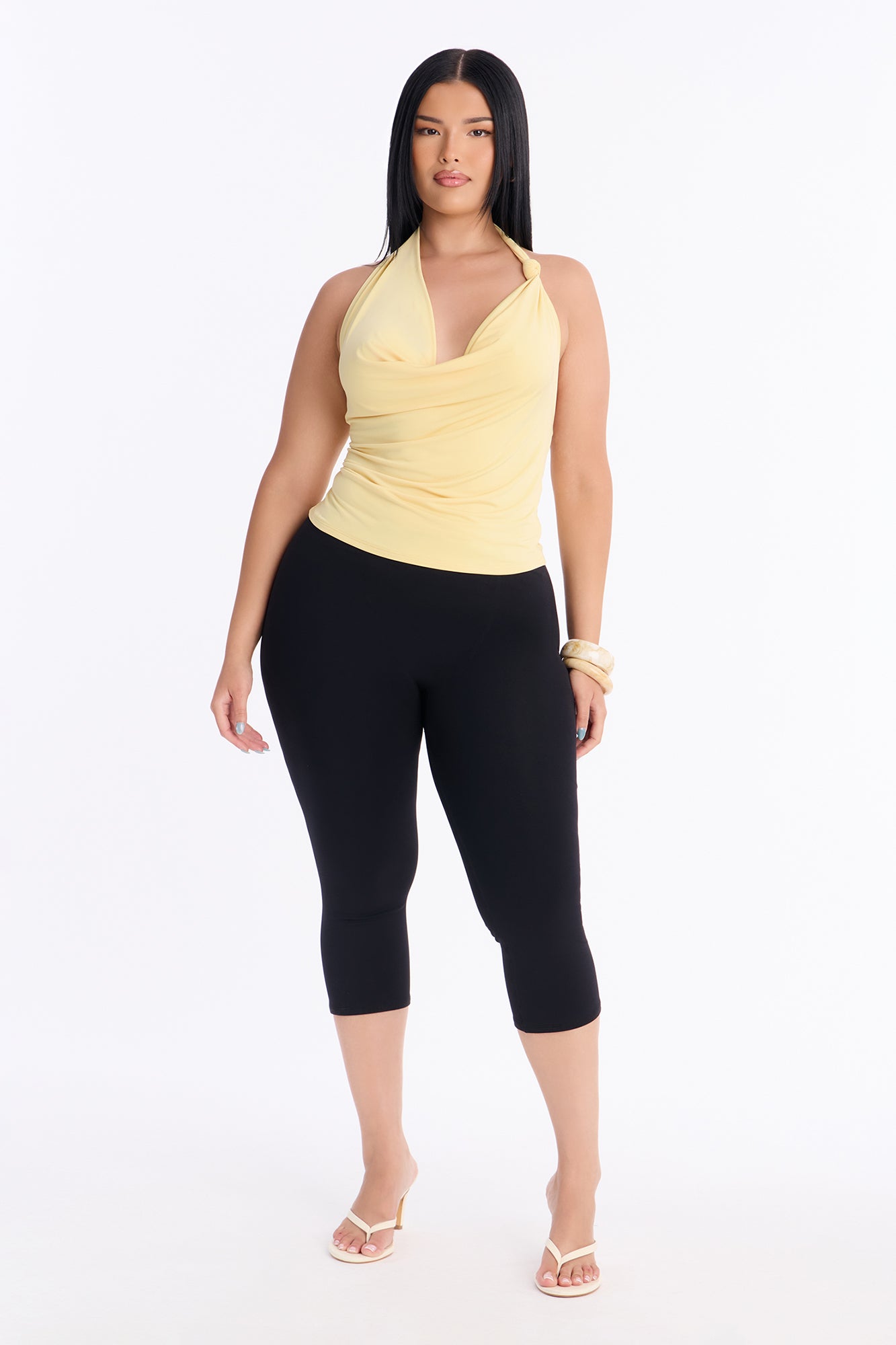 Golden Hour Cowl Neck Knot Halter Top - Butter Yellow