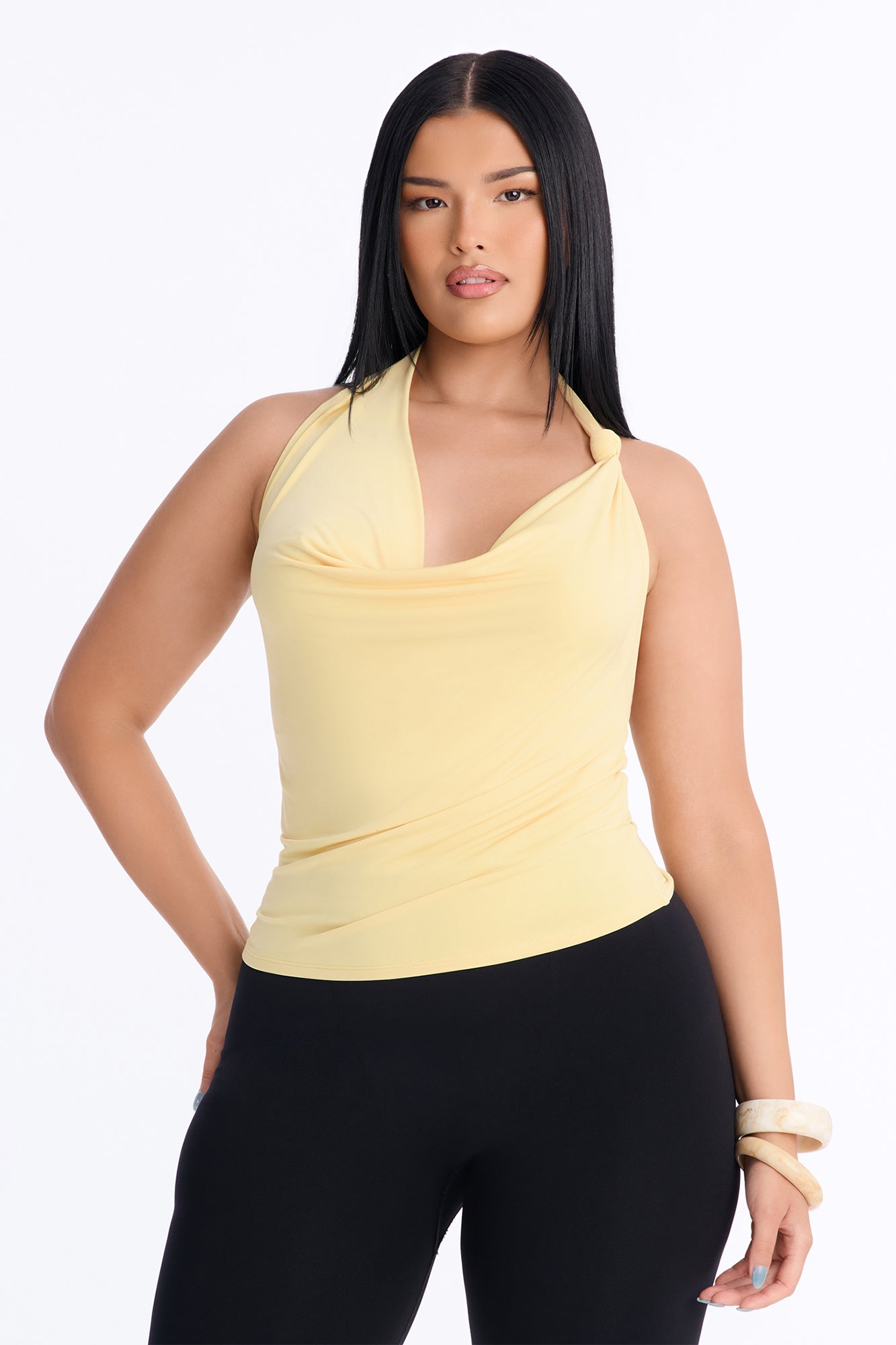 Golden Hour Cowl Neck Knot Halter Top - Butter Yellow