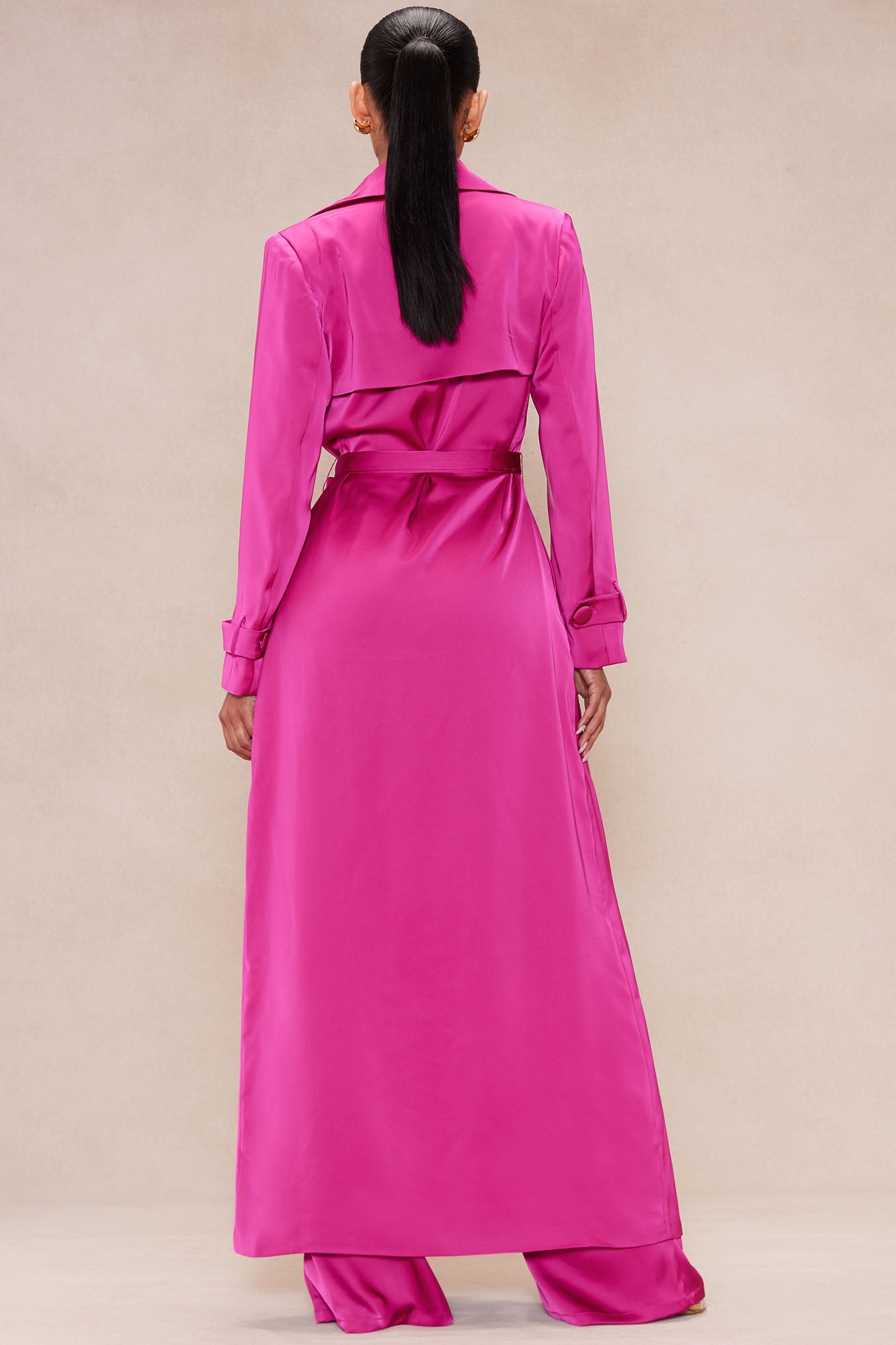 Gabriella Satin Trench Coat And Pant Set - Hot Pink