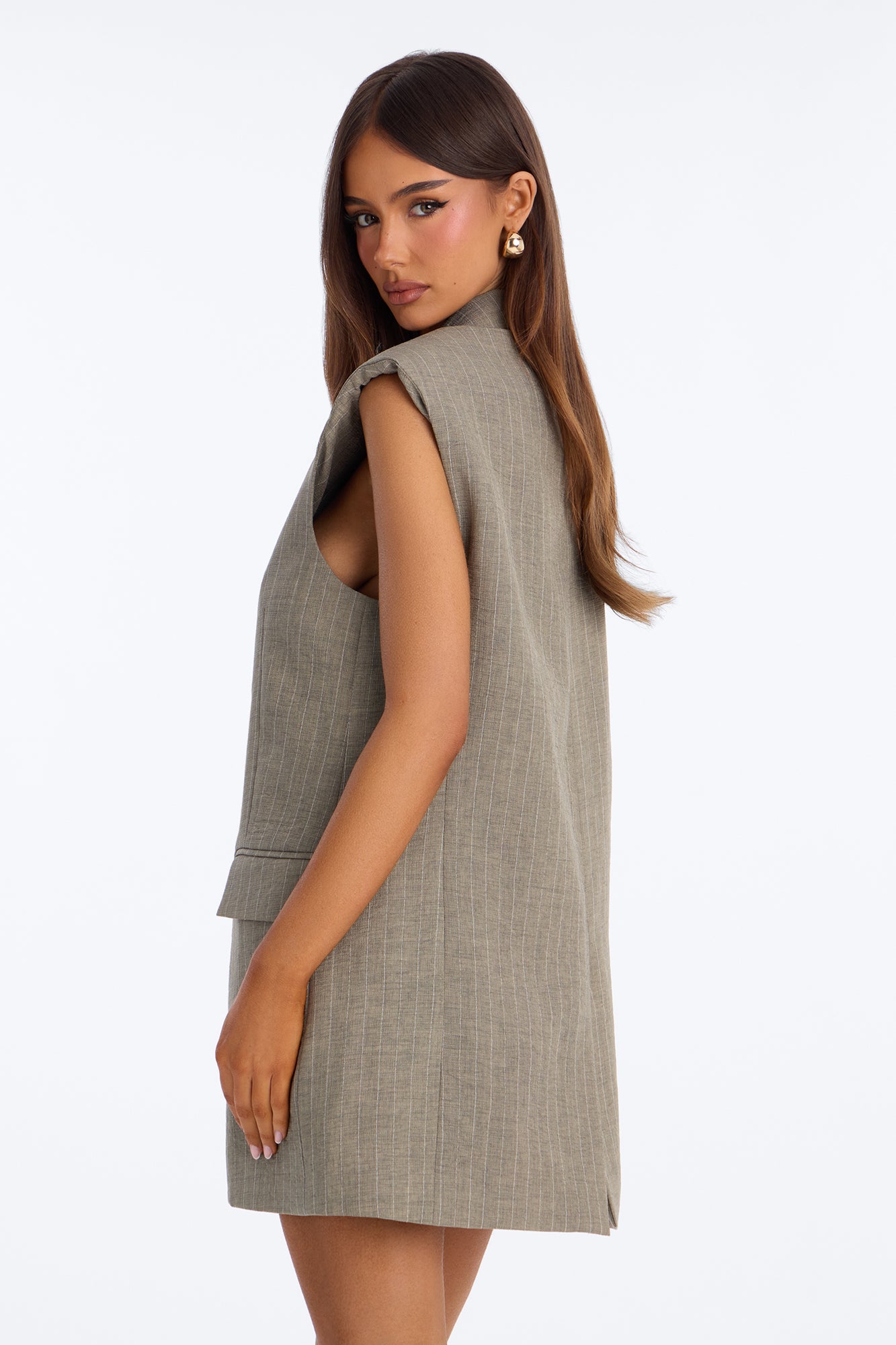 Cameron Pinstripe Vest Short Set - Olive