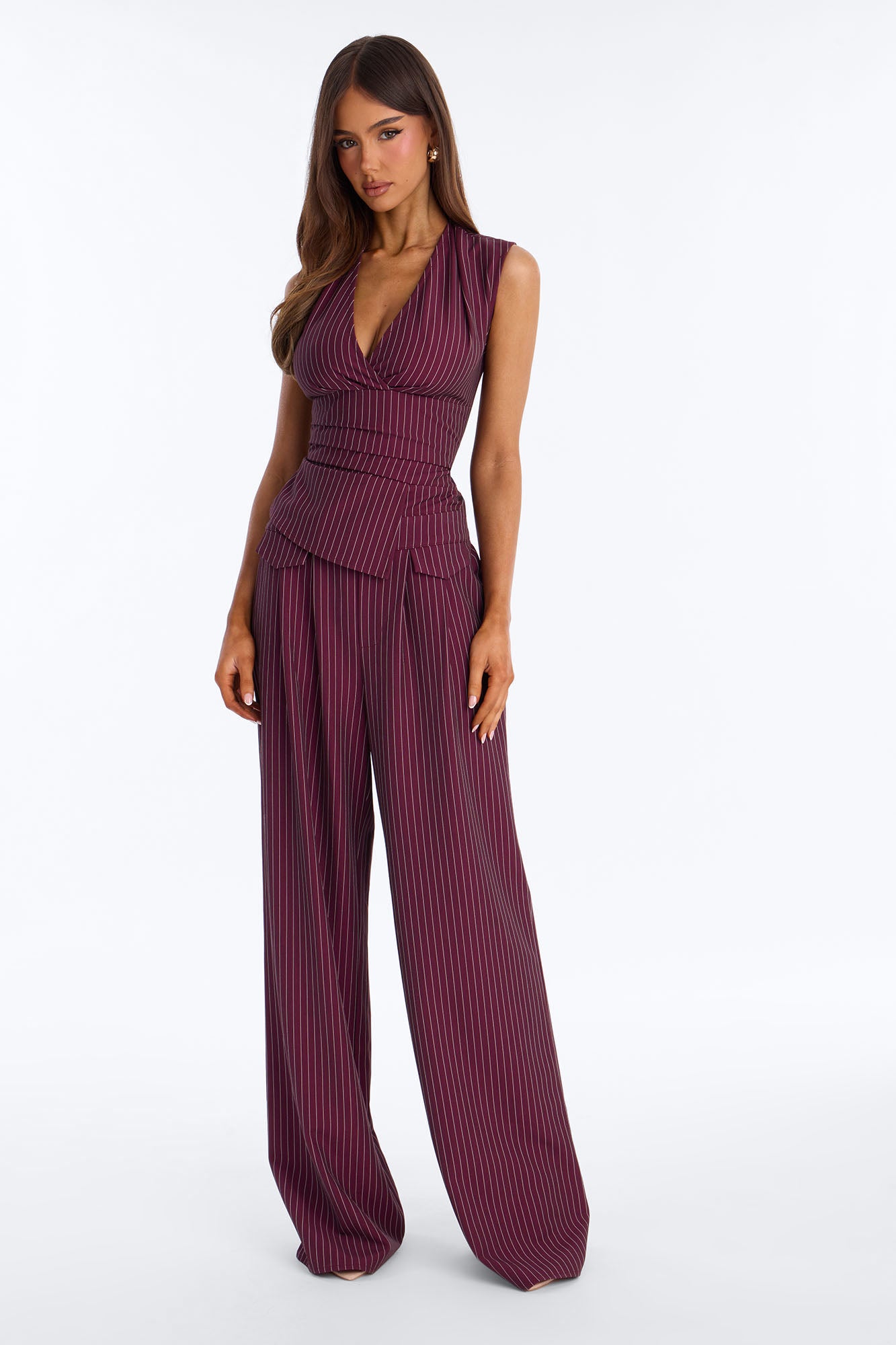 Locked In Pinstripe Pant Set - Wine