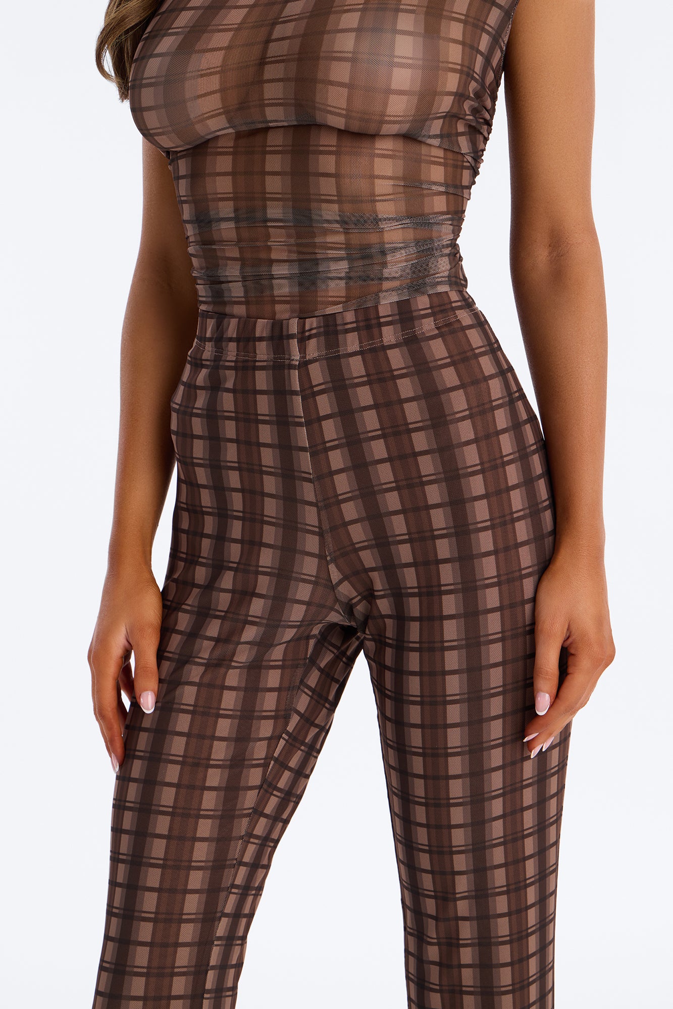 Never Sad In Plaid Mesh Pant Set - Brown/combo