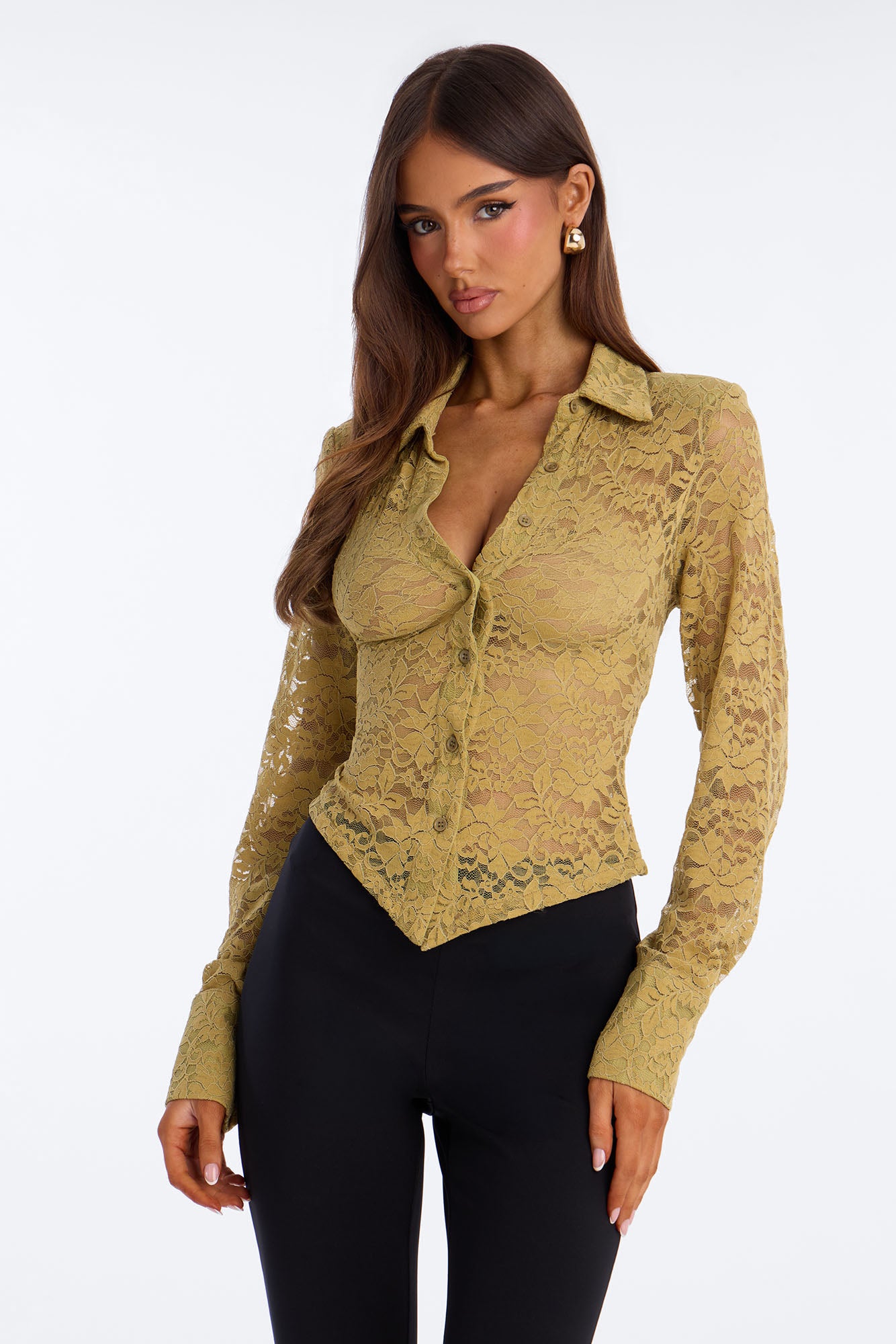 Lian Lace Padded Long Sleeve Button Up Shirt - Olive