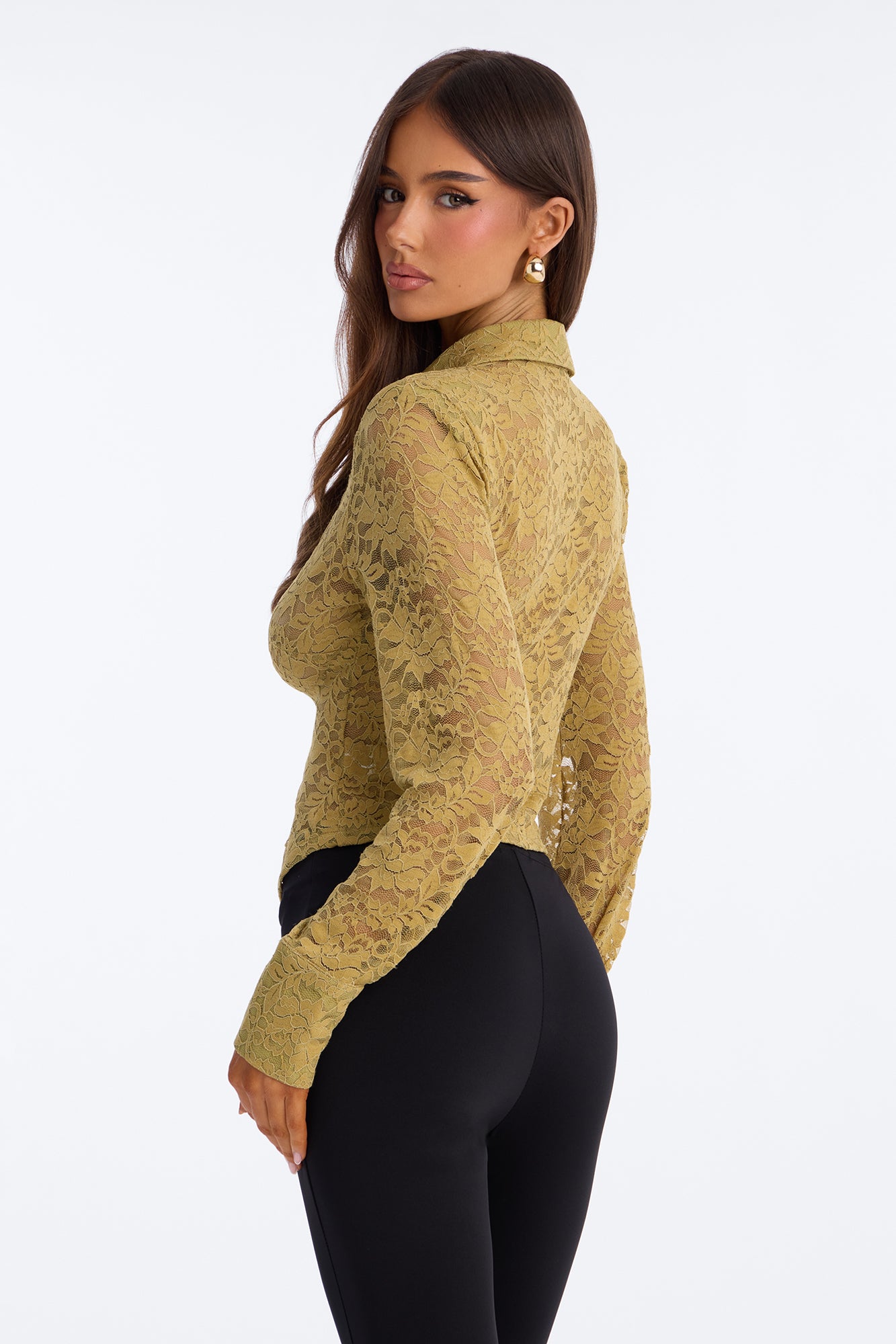 Lian Lace Padded Long Sleeve Button Up Shirt - Olive
