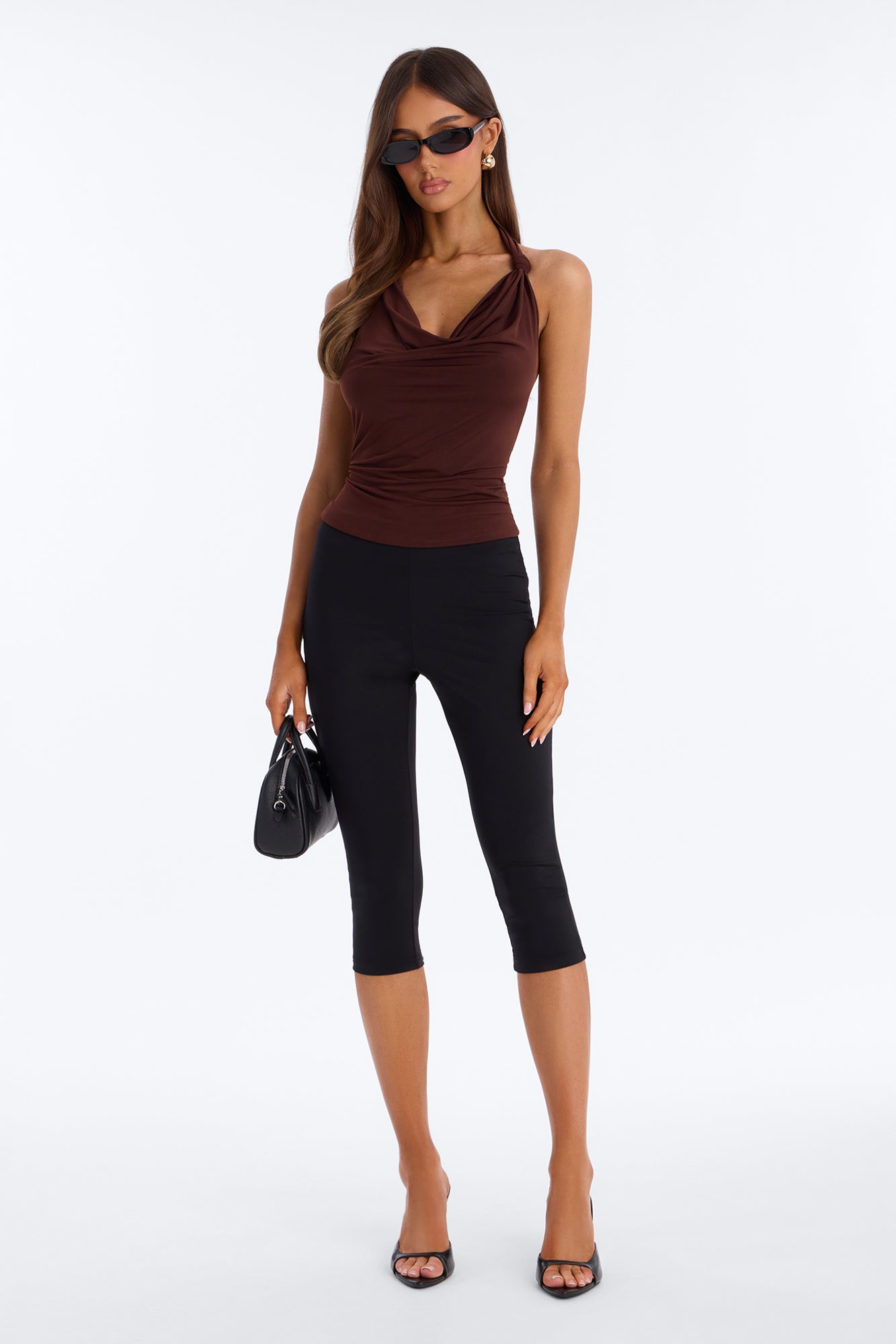 Golden Hour Cowl Neck Knot Halter Top - Brown