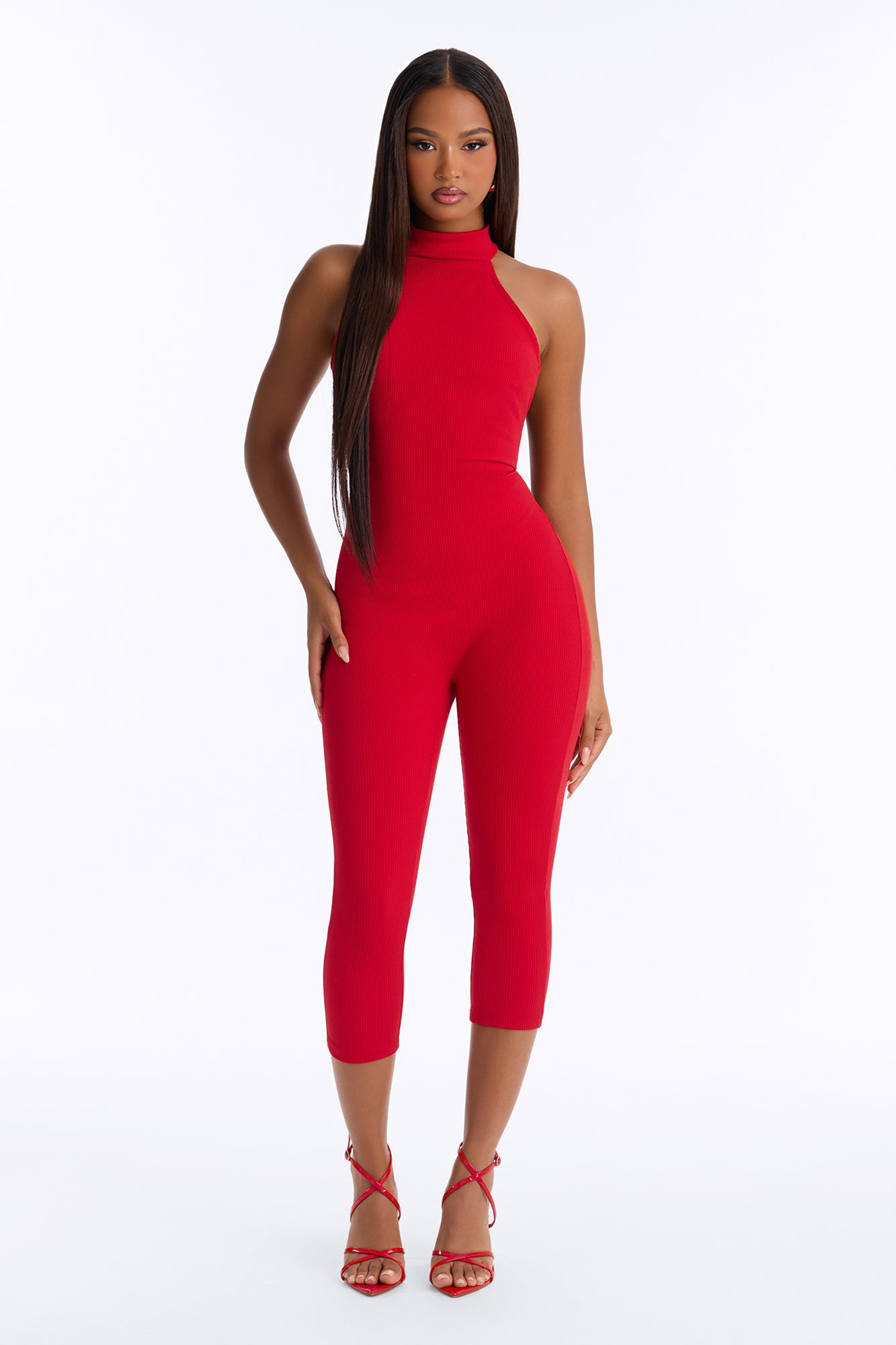 Kaila Snatched Capri Halter Jumpsuit - Red