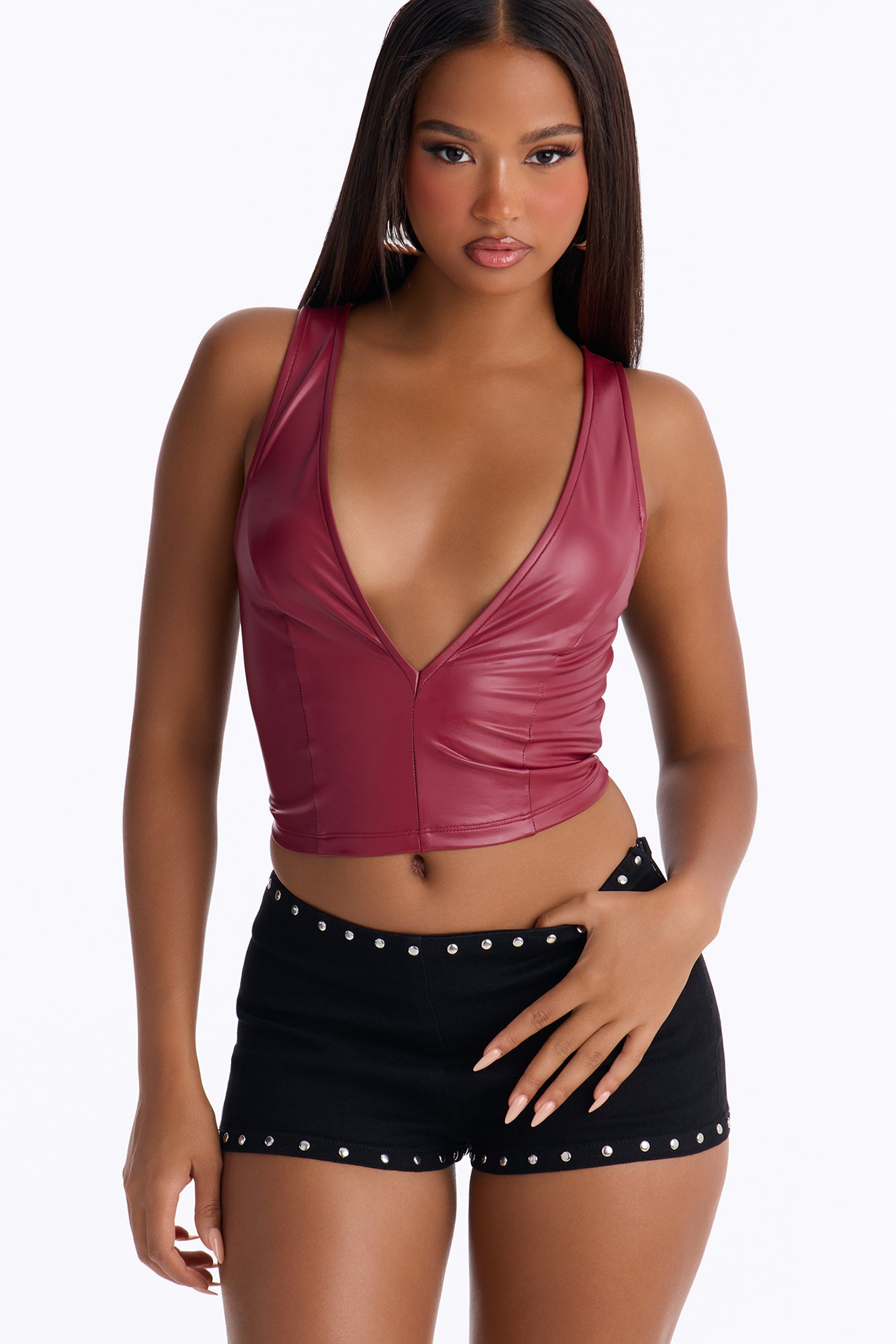 Angelina Faux Leather Top - DarkRed