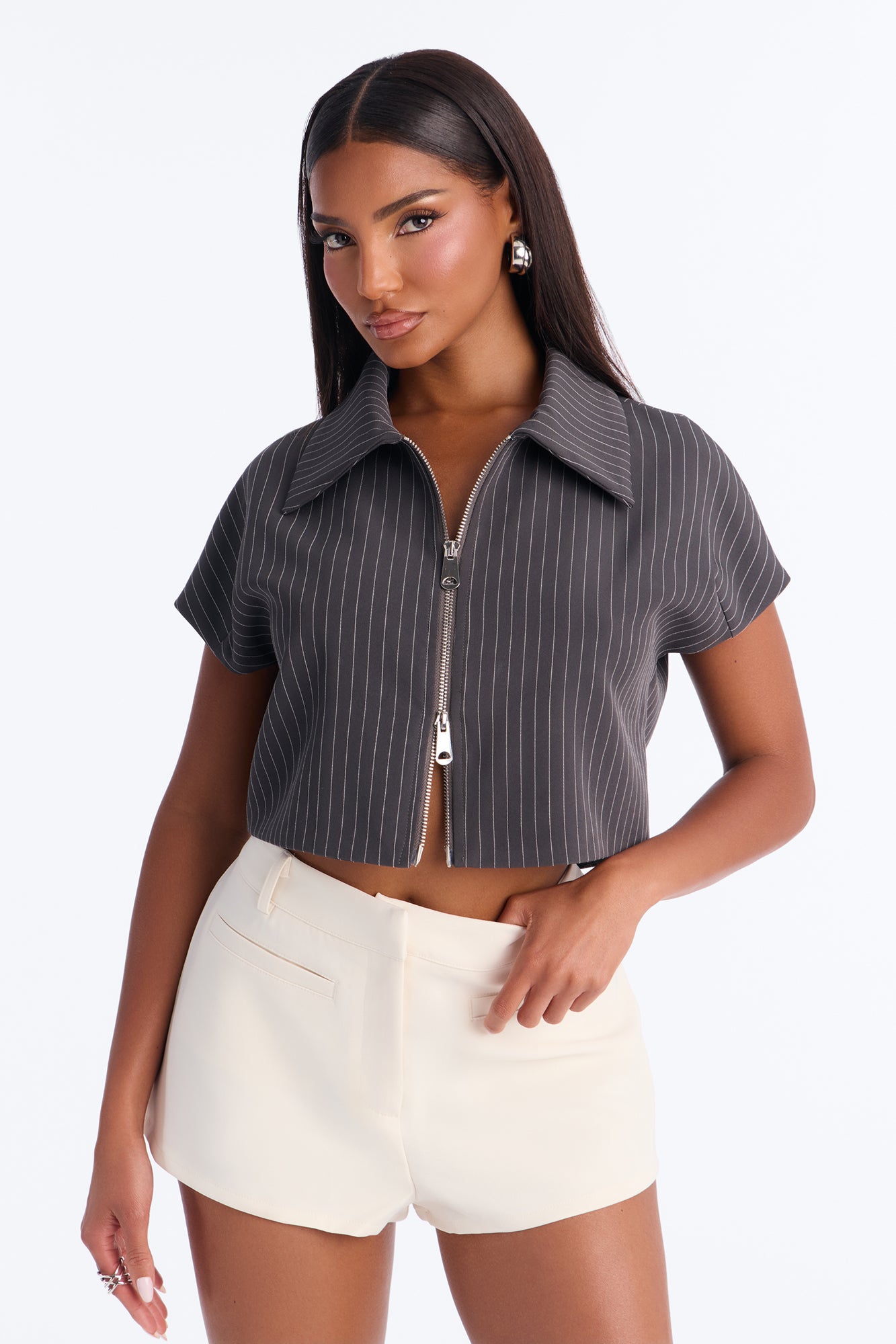 Maxine Front Zip Pinstripe Top - Charcoal/combo