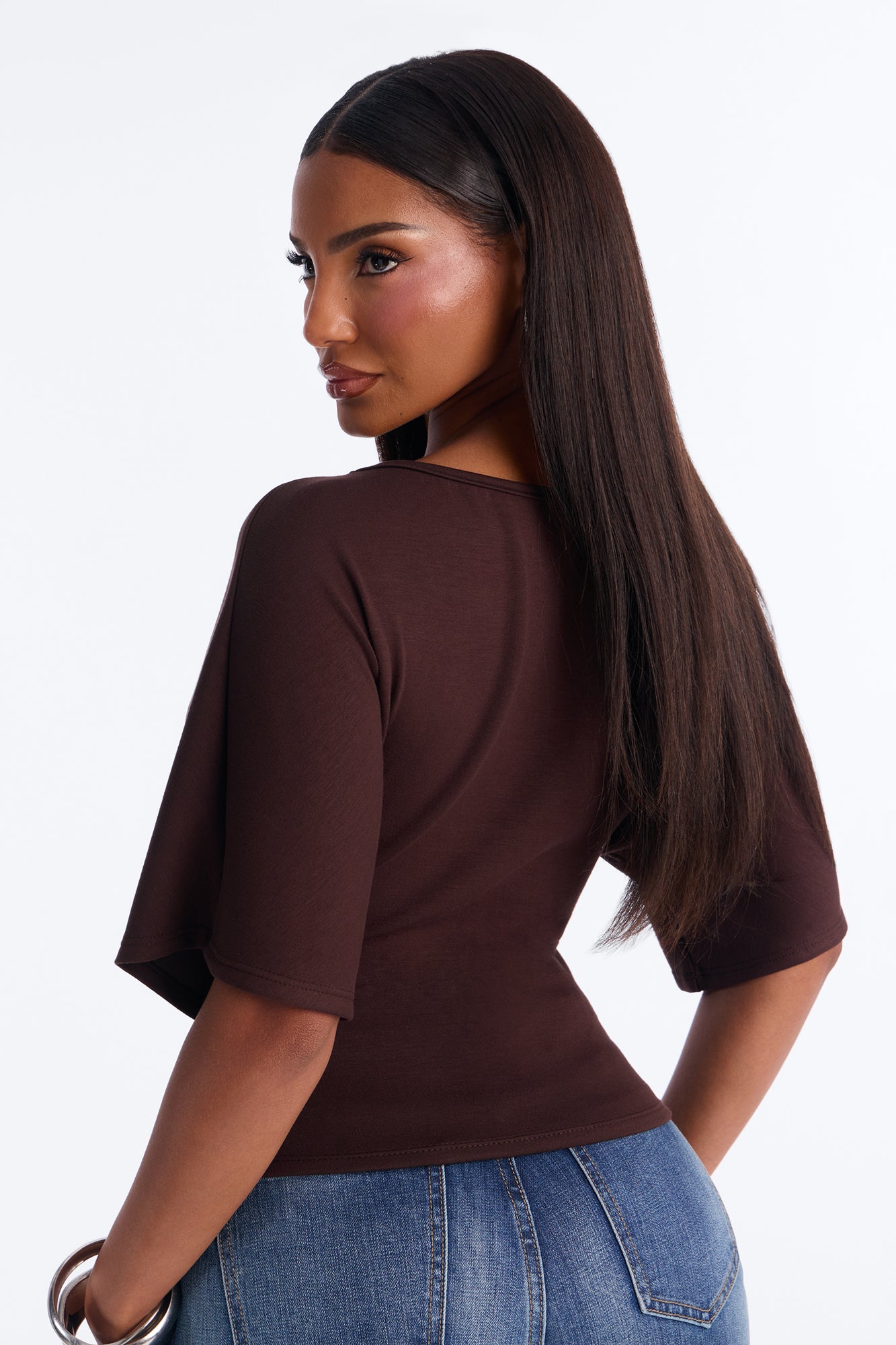 Cici Cinched Waist Short Sleeve Top - Brown