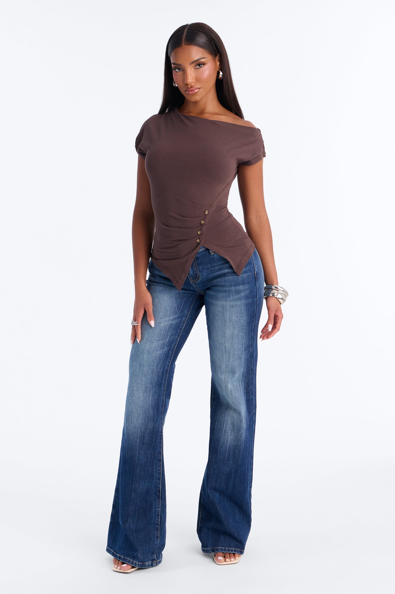 Riley Ruched Off Shoulder Asymmetrical Top - Chocolate