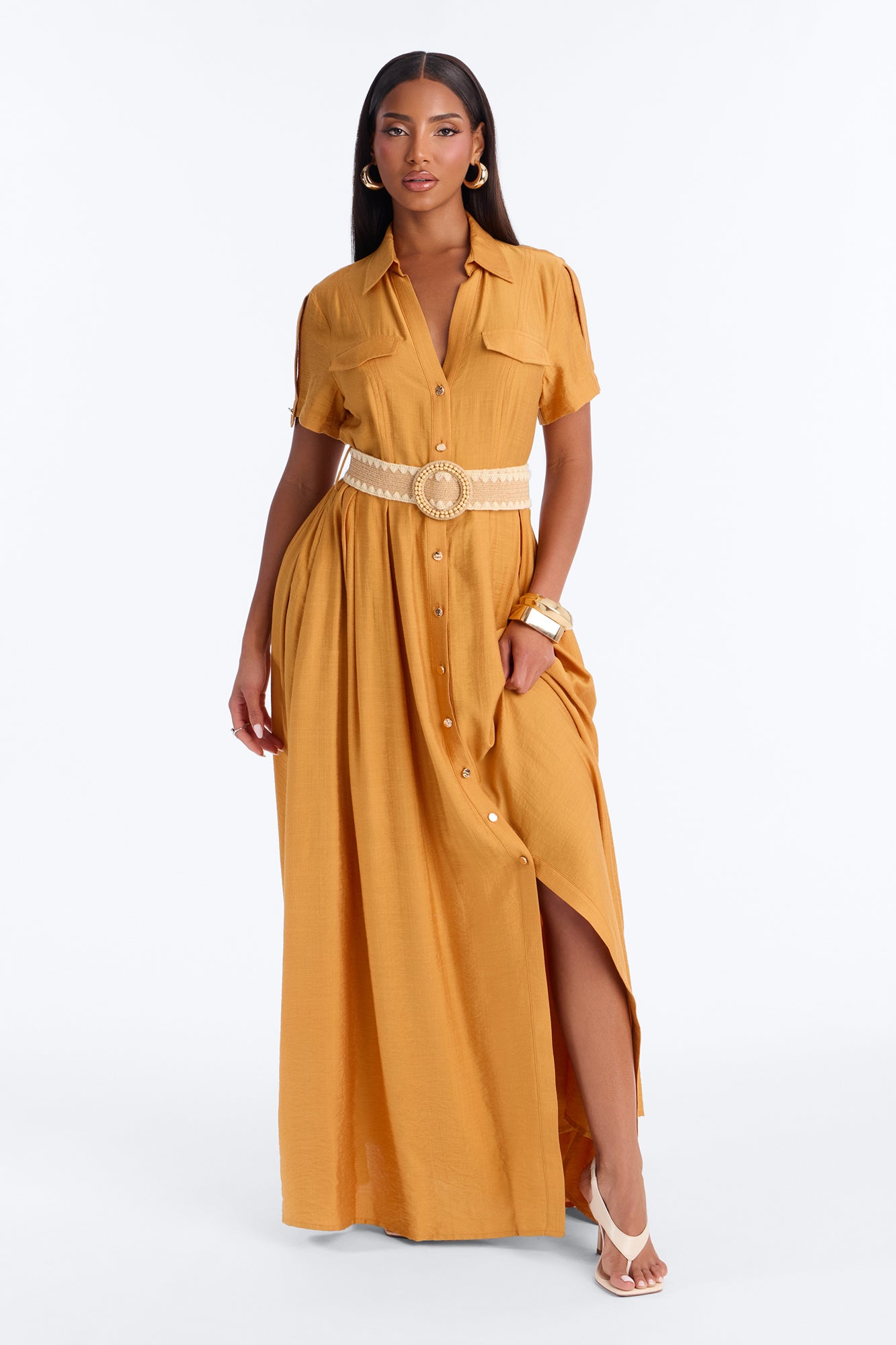Laurel Linen Maxi Shirt Dress - Mustard