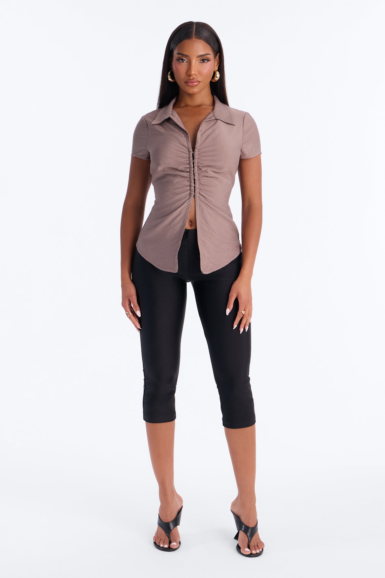 Make It Happen Short Sleeve Ruched Linen Top - Brown