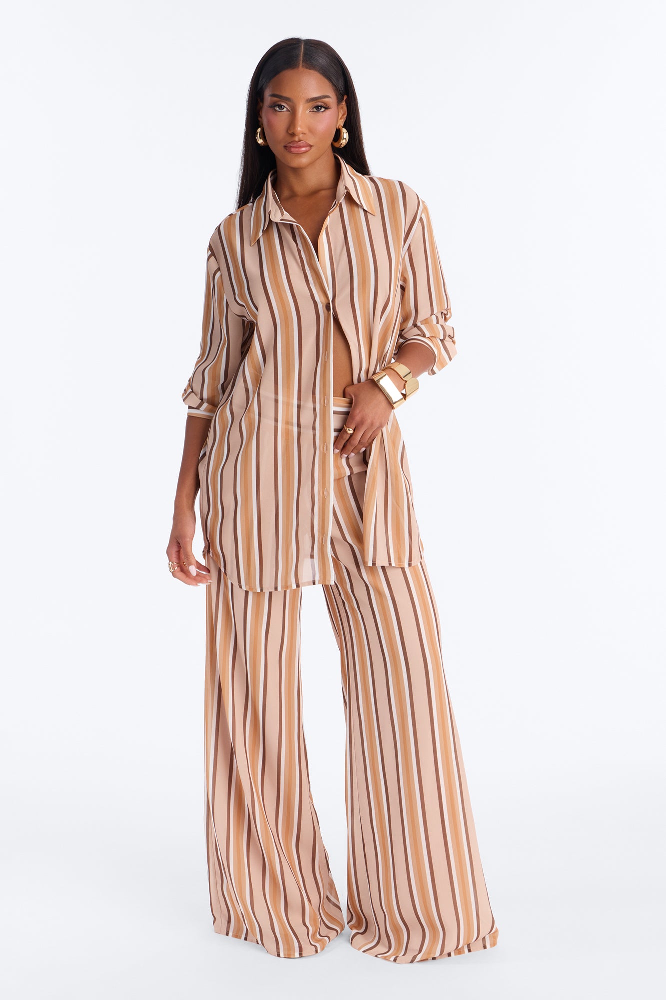 Simone Chiffon Stripe Pant Set - Orange/combo