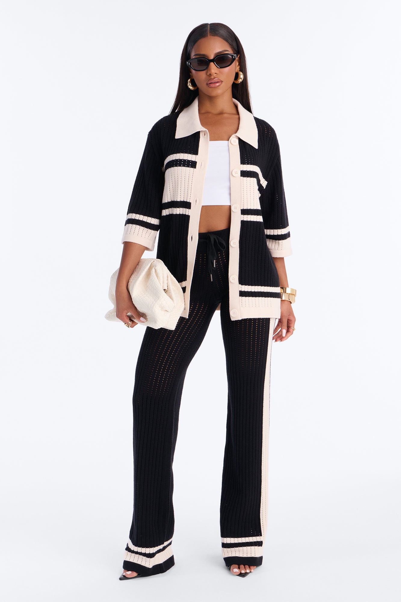 Hannah Crochet Stripe Pant Set - Black/combo