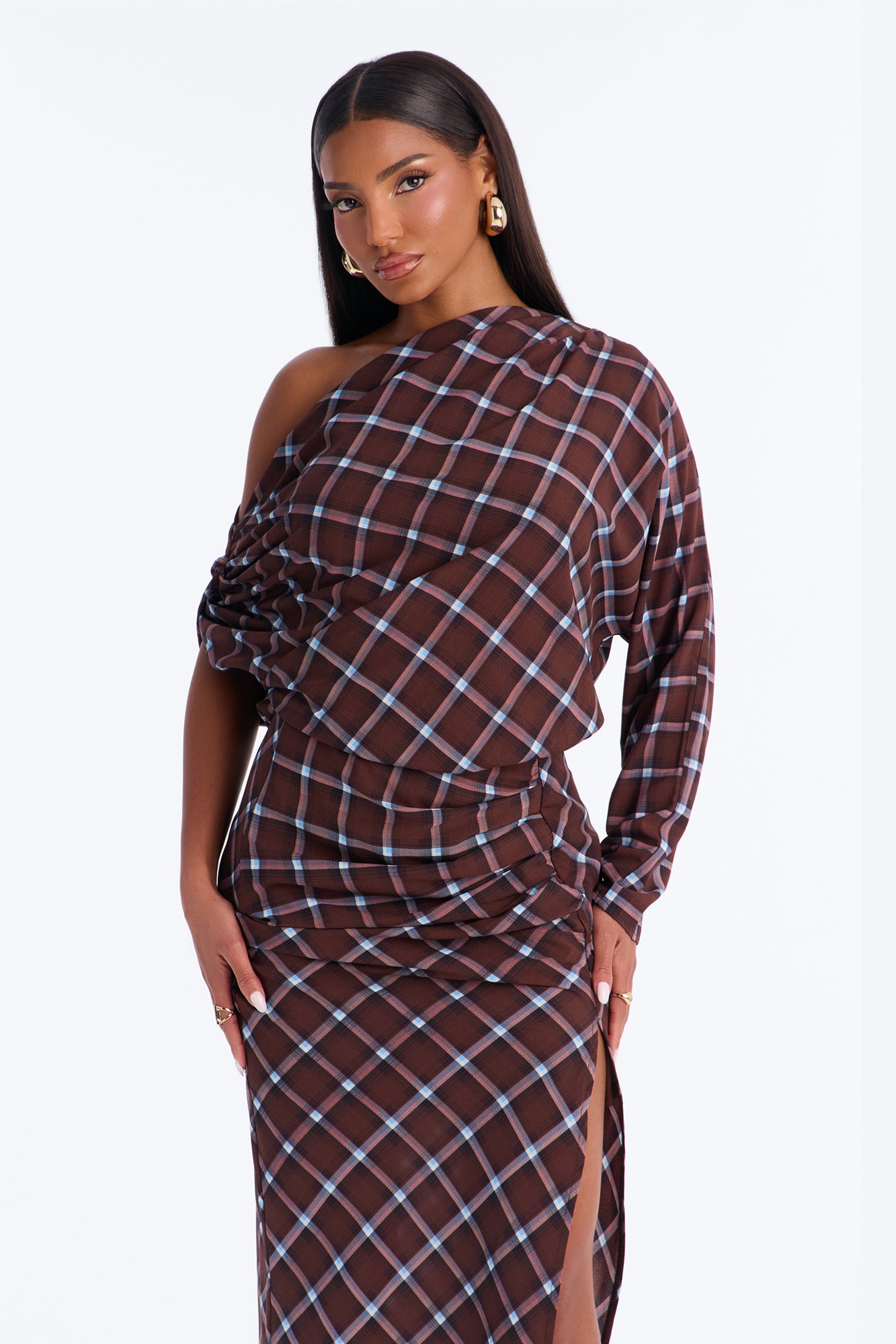 Madeline Plaid Chiffon Maxi Dress - Brown/combo