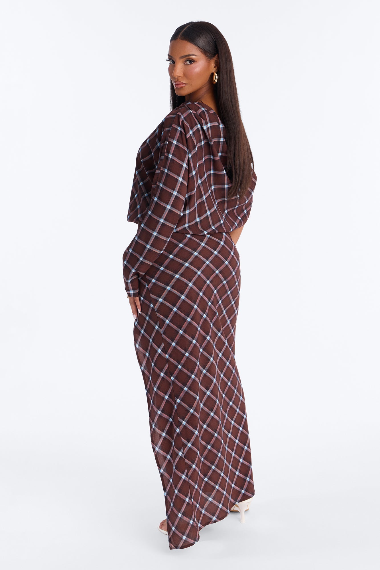 Madeline Plaid Chiffon Maxi Dress - Brown/combo