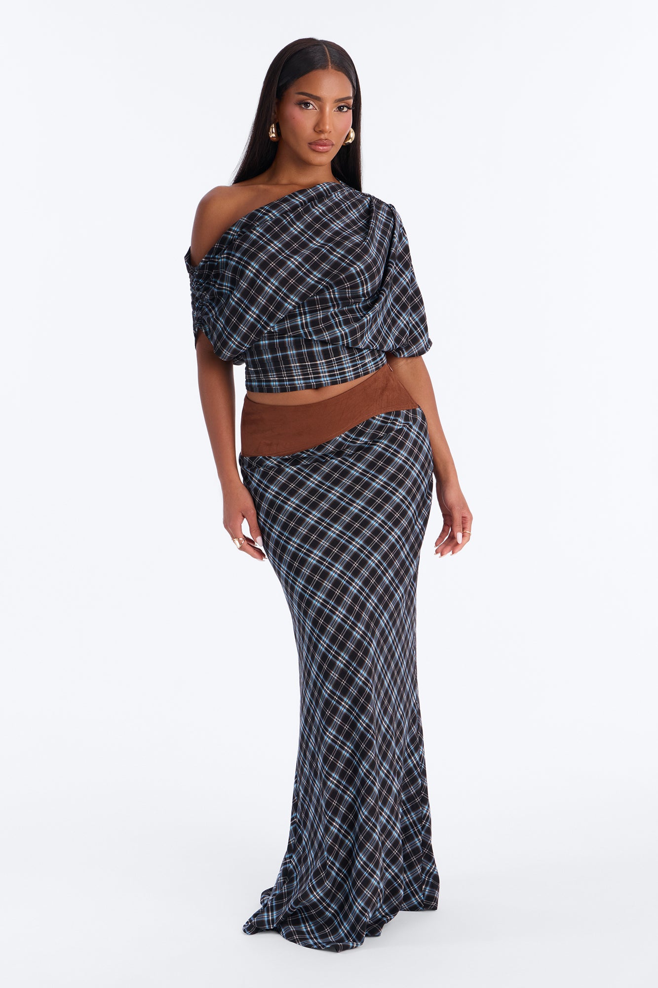 Reese Plaid One Shoulder Skirt Set - Blue