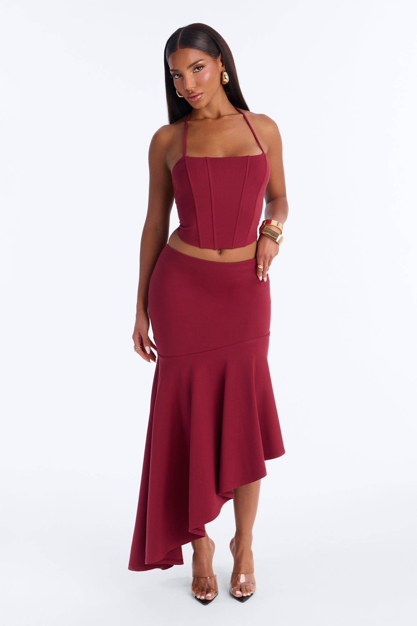 Isadora Asymmetrical Ponte Skirt Set - Burgundy