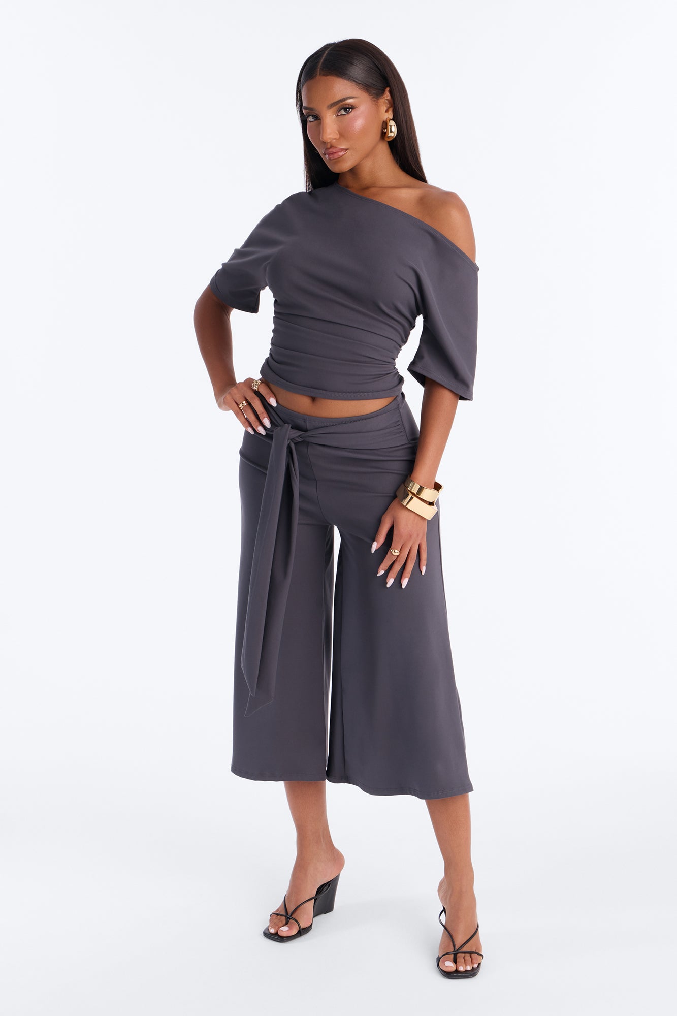 Amelie Tie Front Gaucho Pant Set - Charcoal
