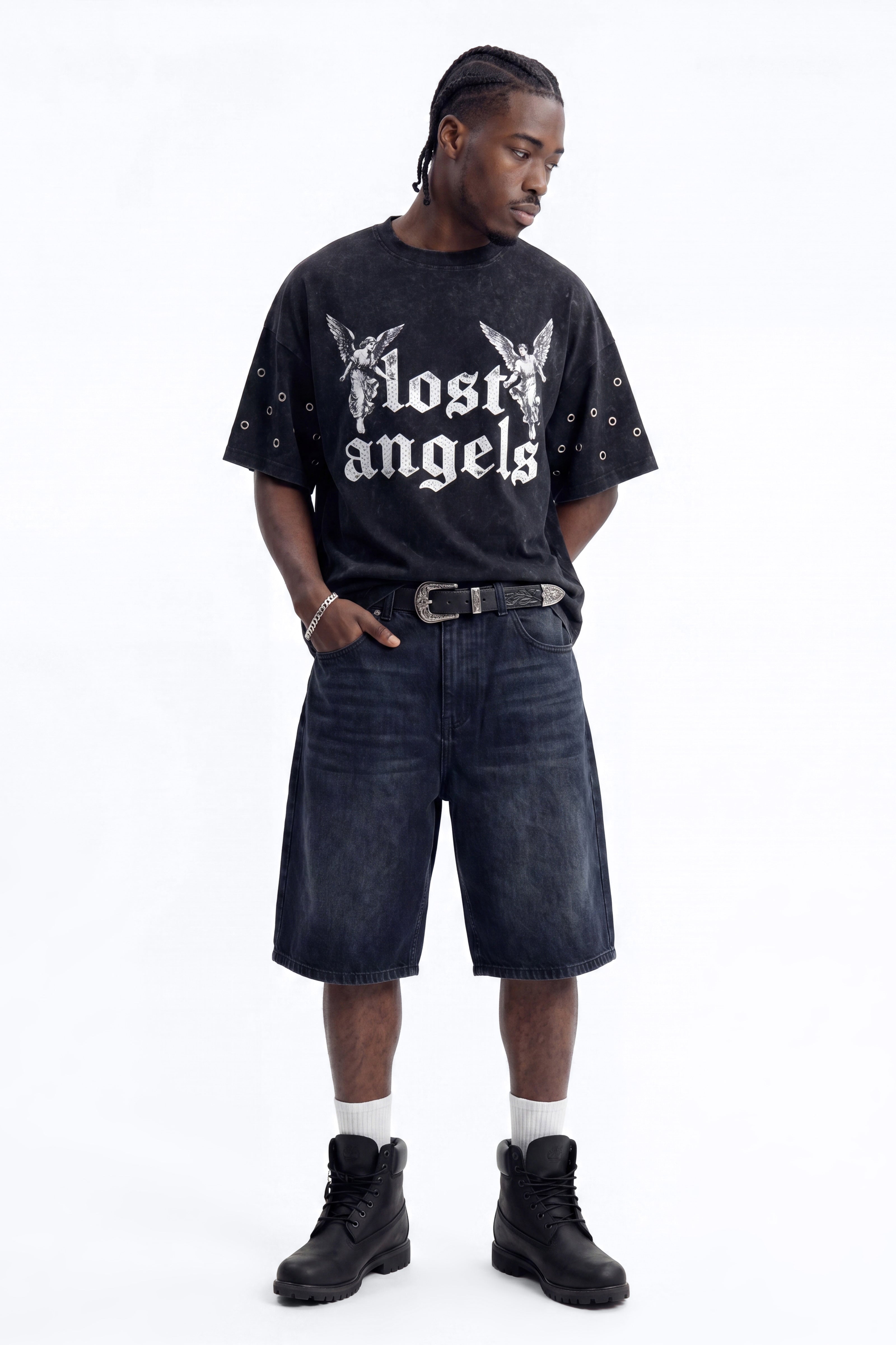 Lost Angels Embroidery Heavy Weight Boxy Short Sleeve Tee - Black