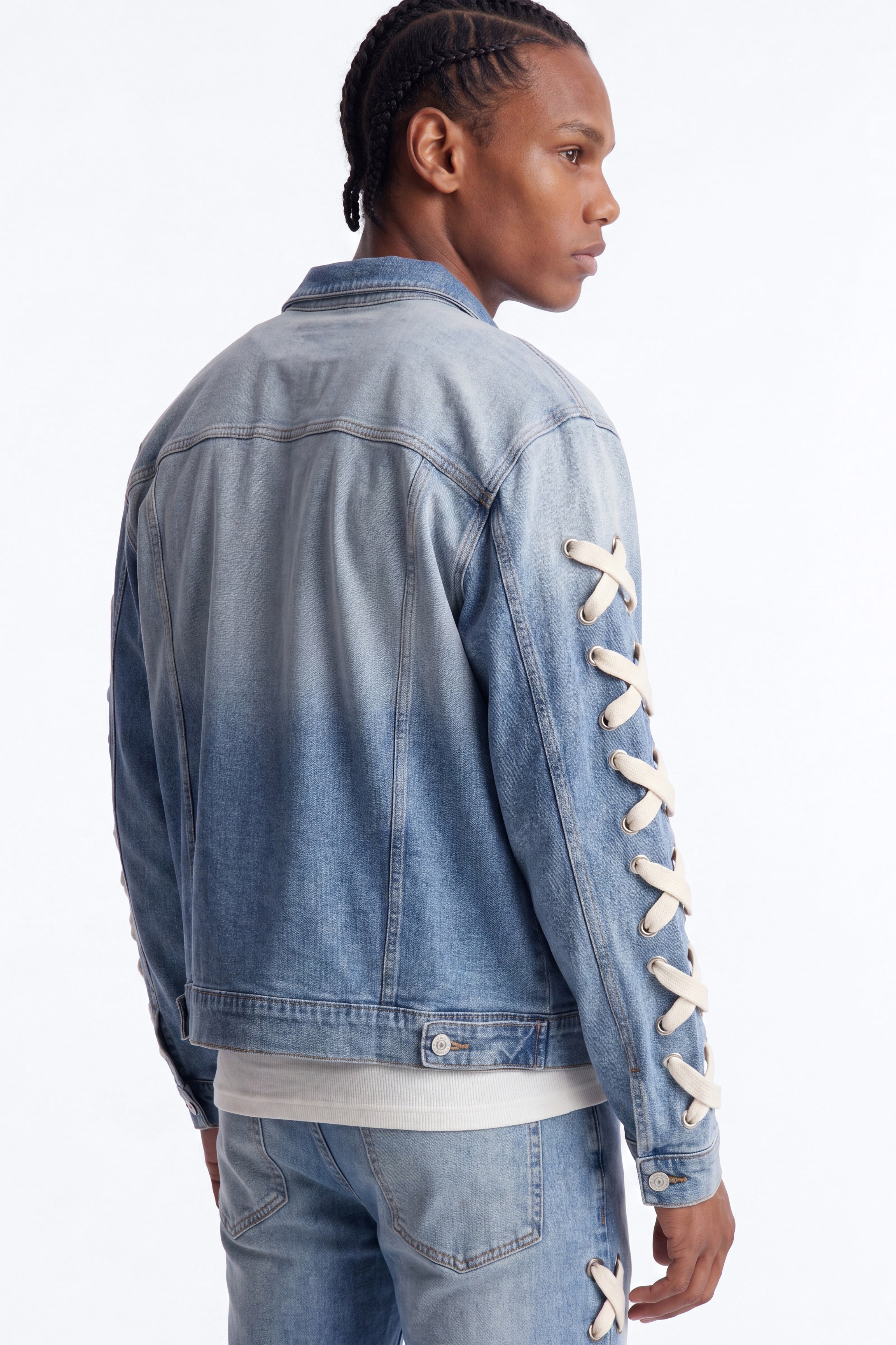 Lace Up Denim Trucker Jacket - Light Blue Wash