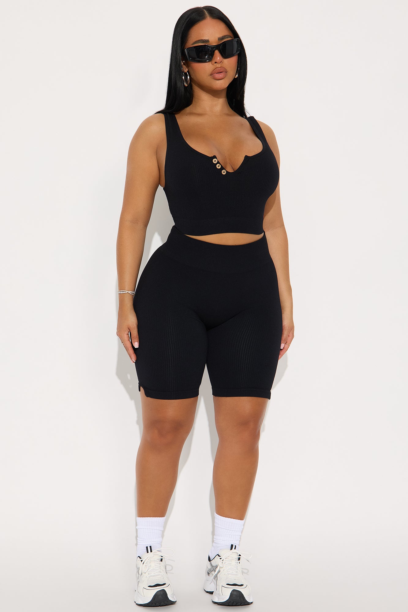 Hannah Seamless Ribbed Biker Short Set - Black