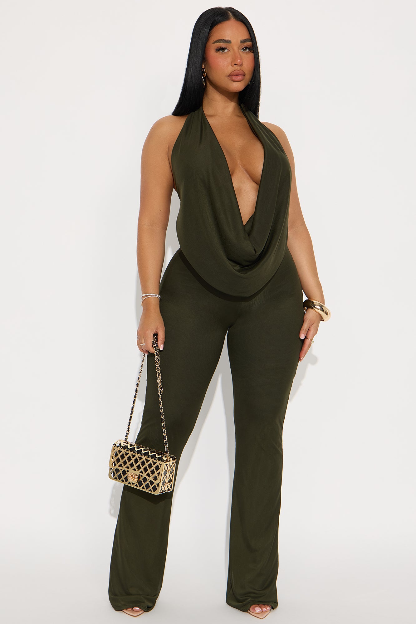 Shayna Cowl Halter Mesh Pant Set - Olive