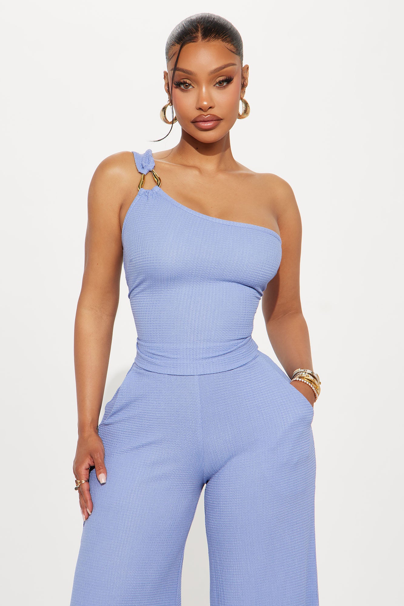 Tall Gloria Textured One Shoulder Pant Set - Slate Blue