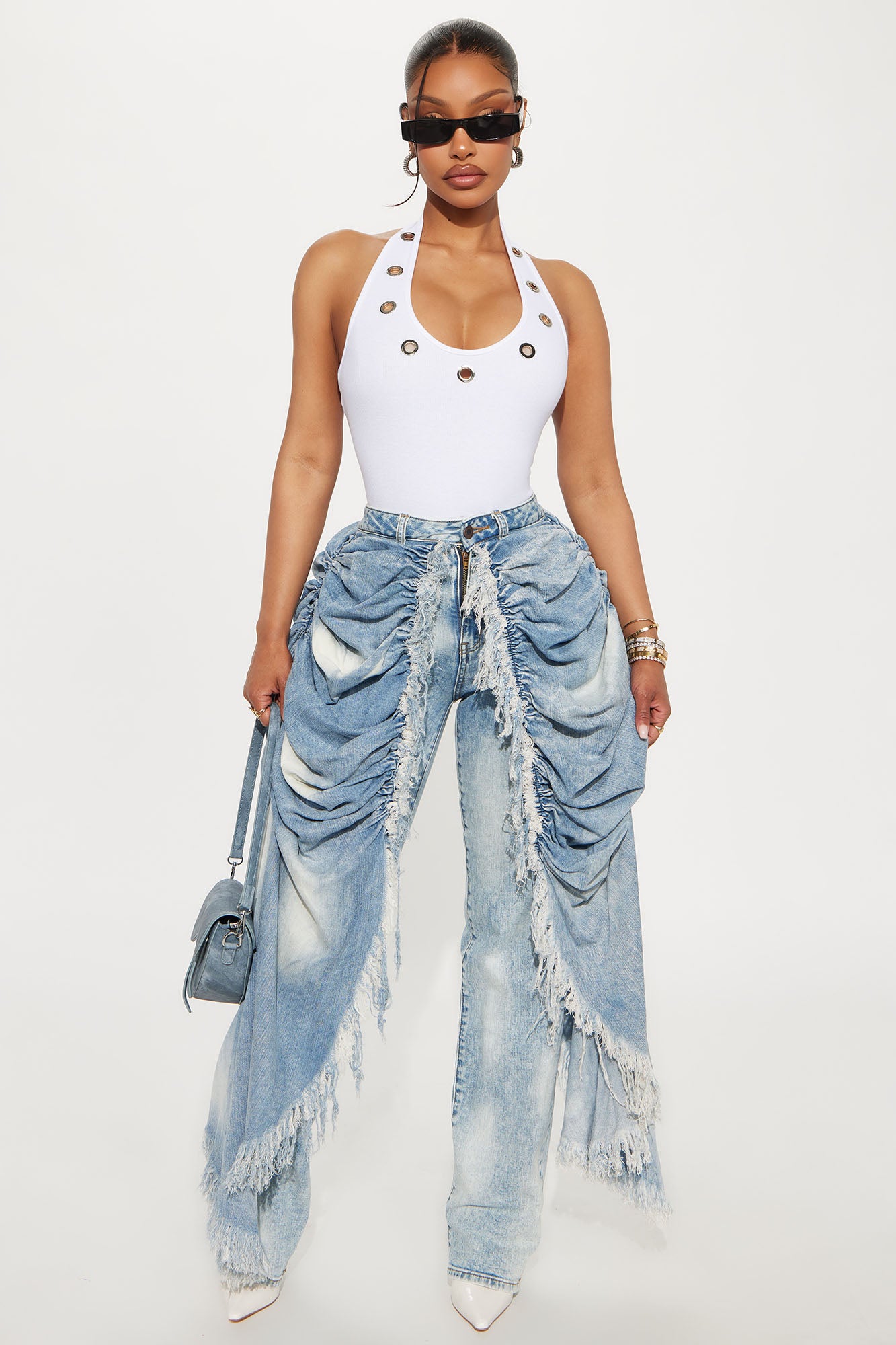 La Belle Skirt Overlay Straight Leg Jeans - Light Blue Wash