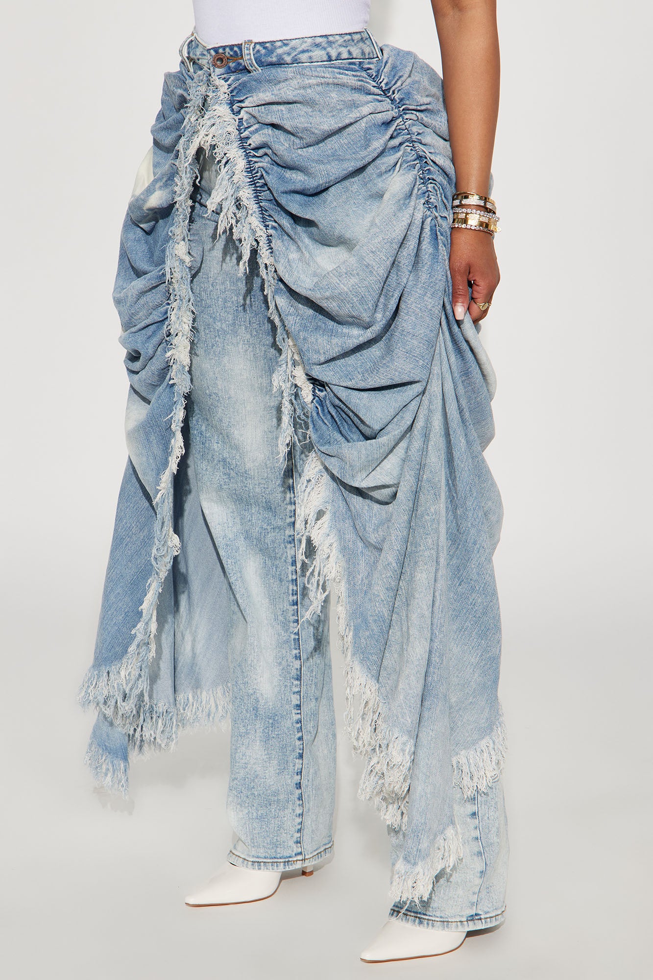 La Belle Skirt Overlay Straight Leg Jeans - Light Blue Wash