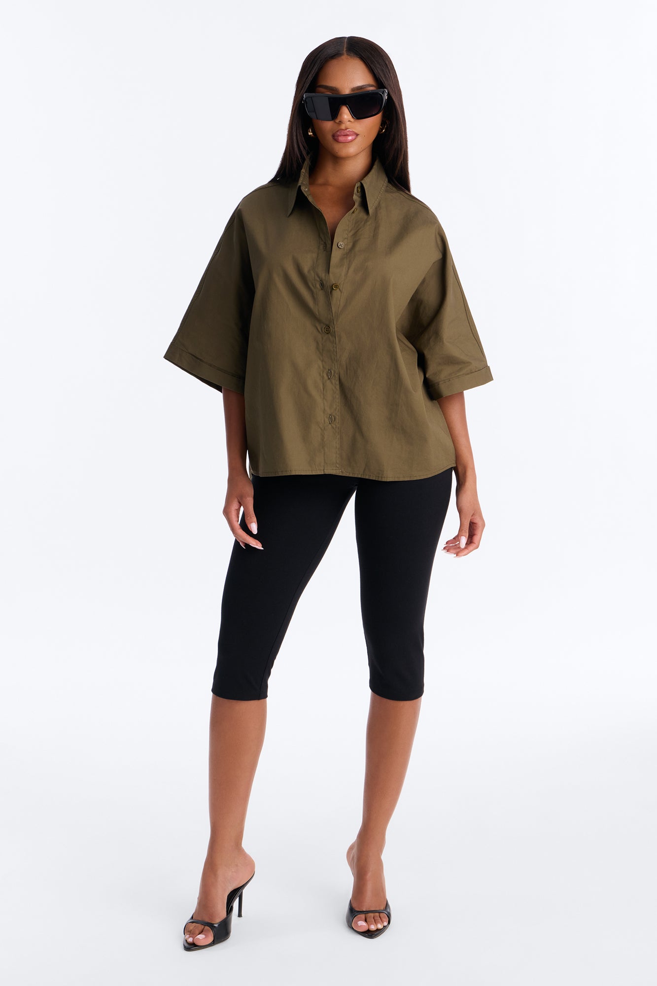 Sancie Oversized Poplin Button Up Shirt - Olive