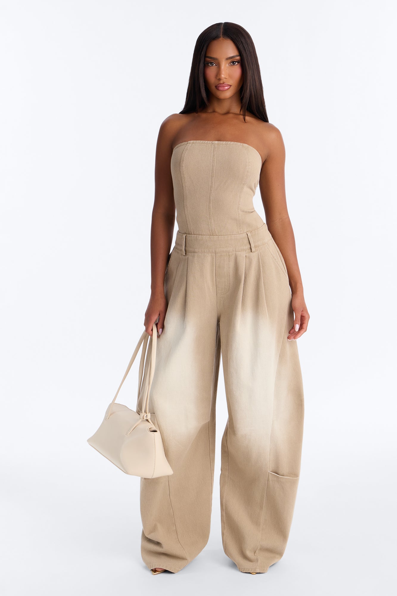 Nara Washed Strapless Barrel Leg Jumpsuit - Taupe