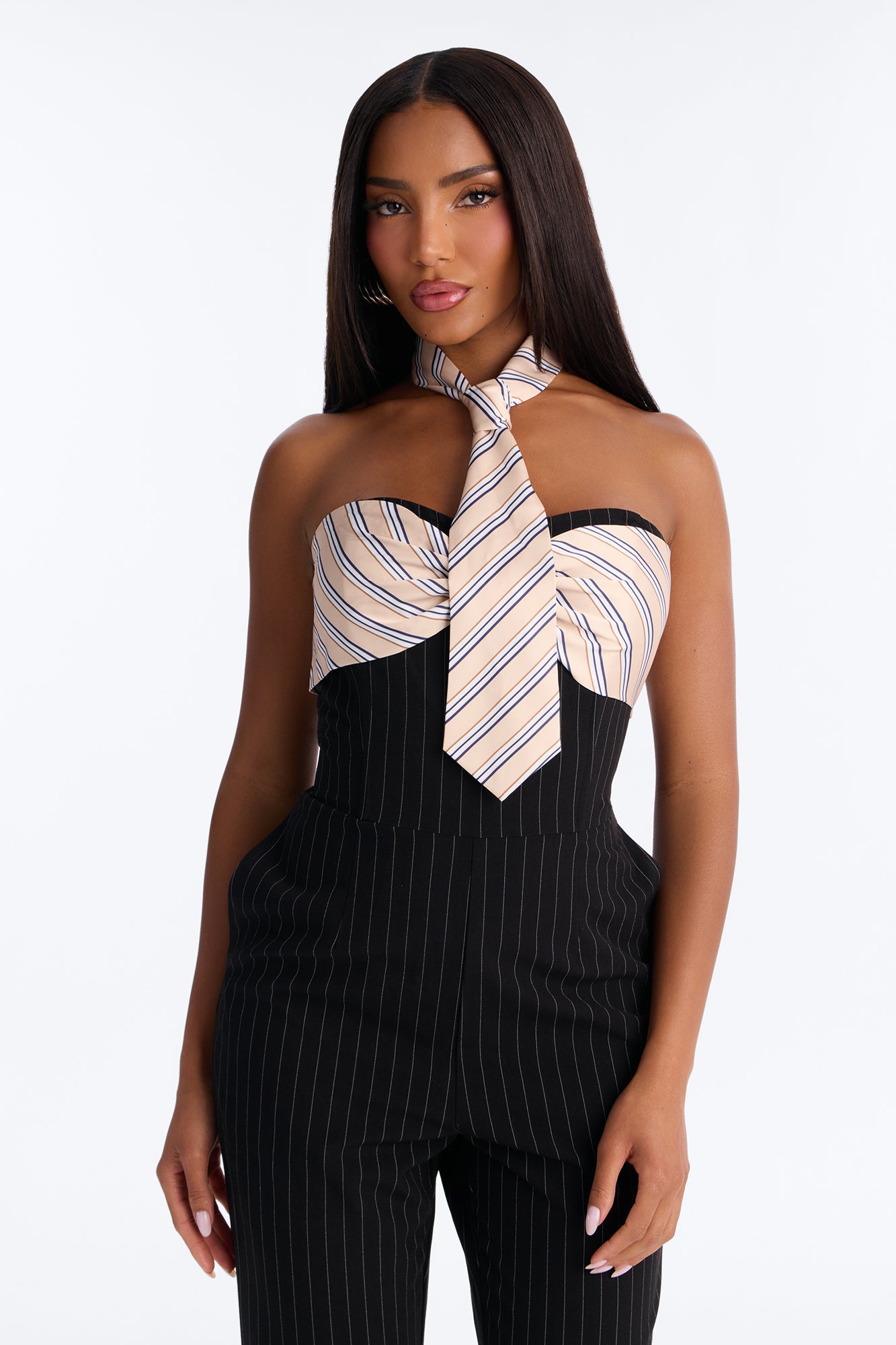 Prepped And Ready Tie Pinstripe Jumpsuit - Black