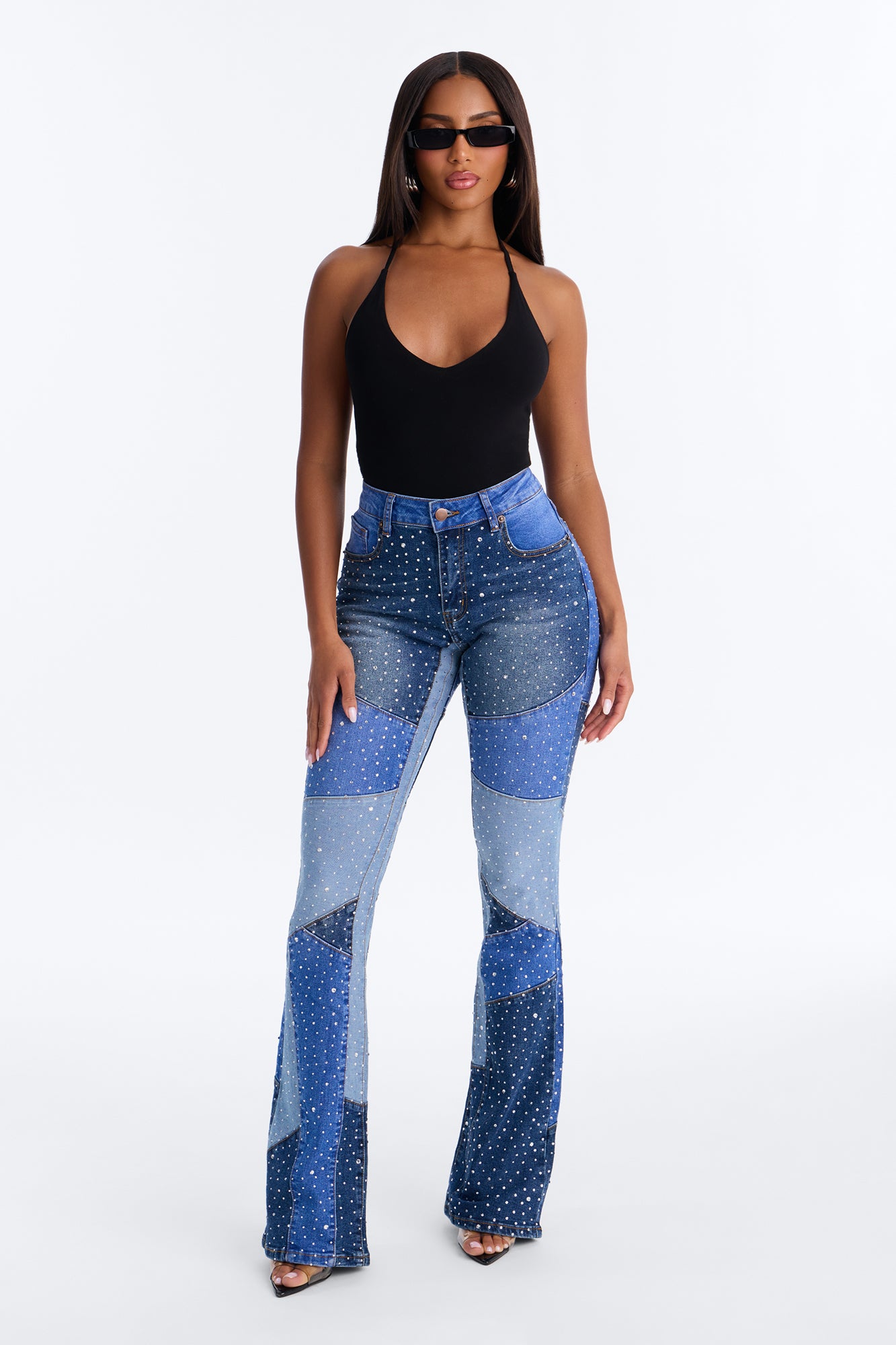 Silver Lining Embellished Patchwork Bootcut Jeans - Blue/combo