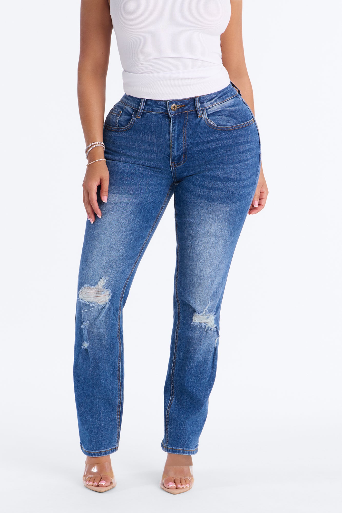 Beneath It All Ripped Ankle Straight Leg Jeans - Medium Wash