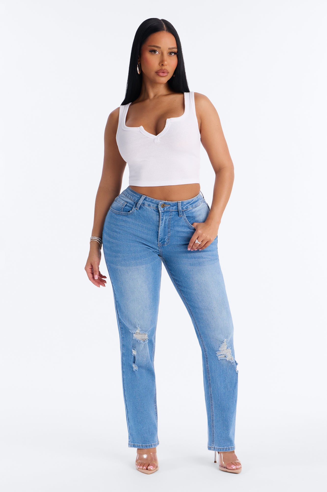 Beneath It All Ripped Ankle Straight Leg Jeans - Light Wash