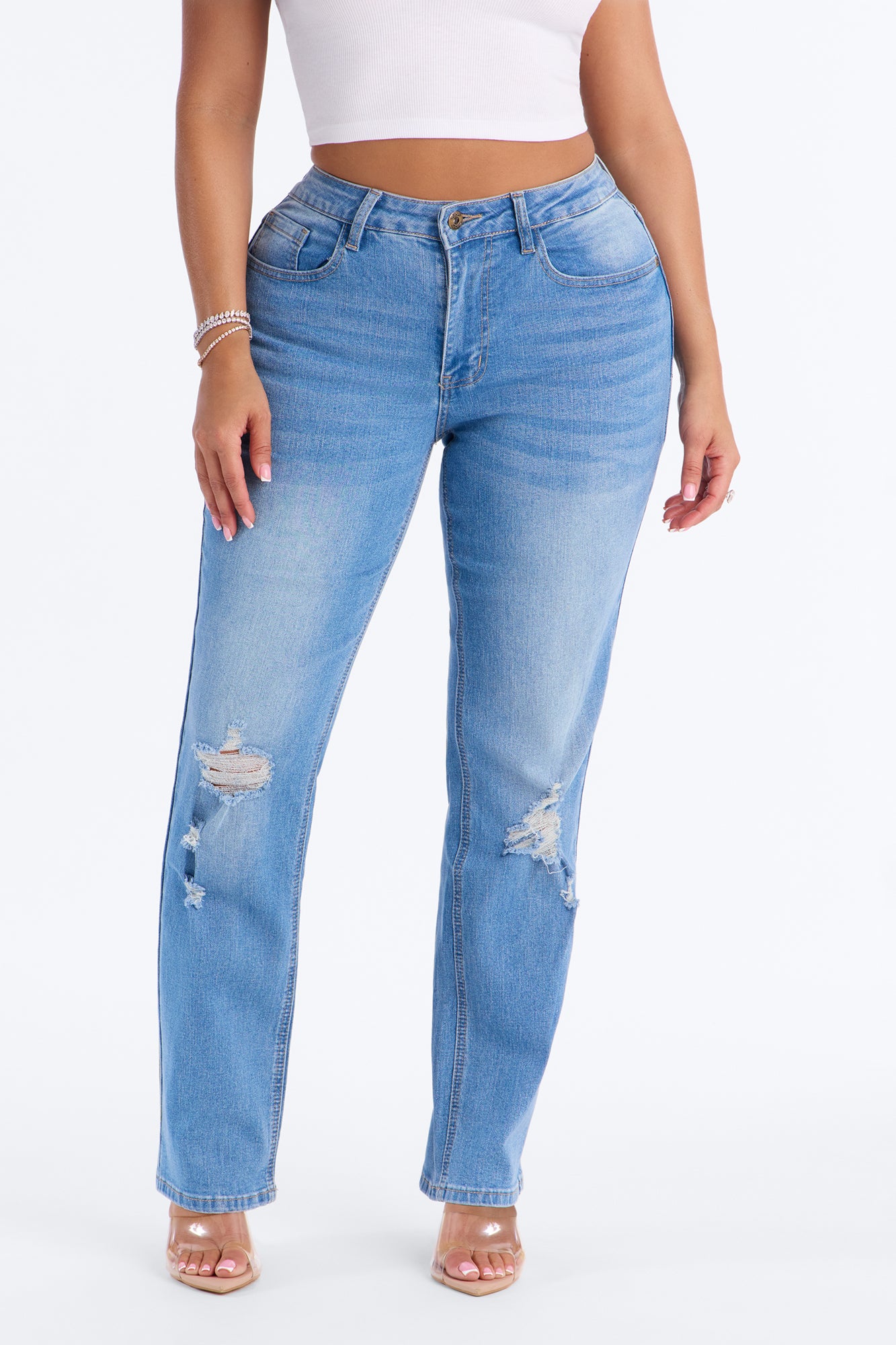 Beneath It All Ripped Ankle Straight Leg Jeans - Light Wash